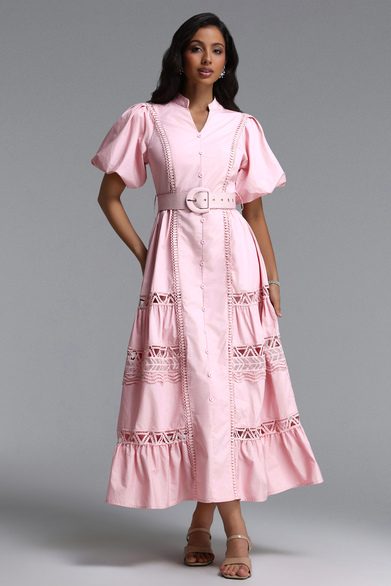 Lenra Elegant Cinched V Neck Puff Sleeve Woven Maxi Dress