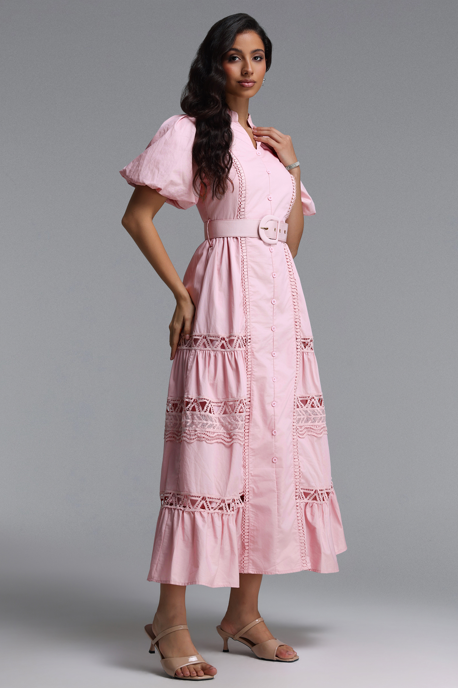 Lenra Elegant Cinched V Neck Puff Sleeve Woven Maxi Dress