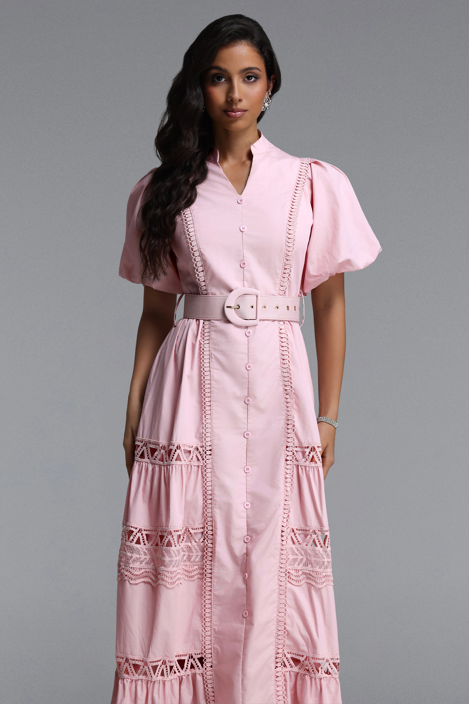 Lenra Elegant Cinched V Neck Puff Sleeve Woven Maxi Dress