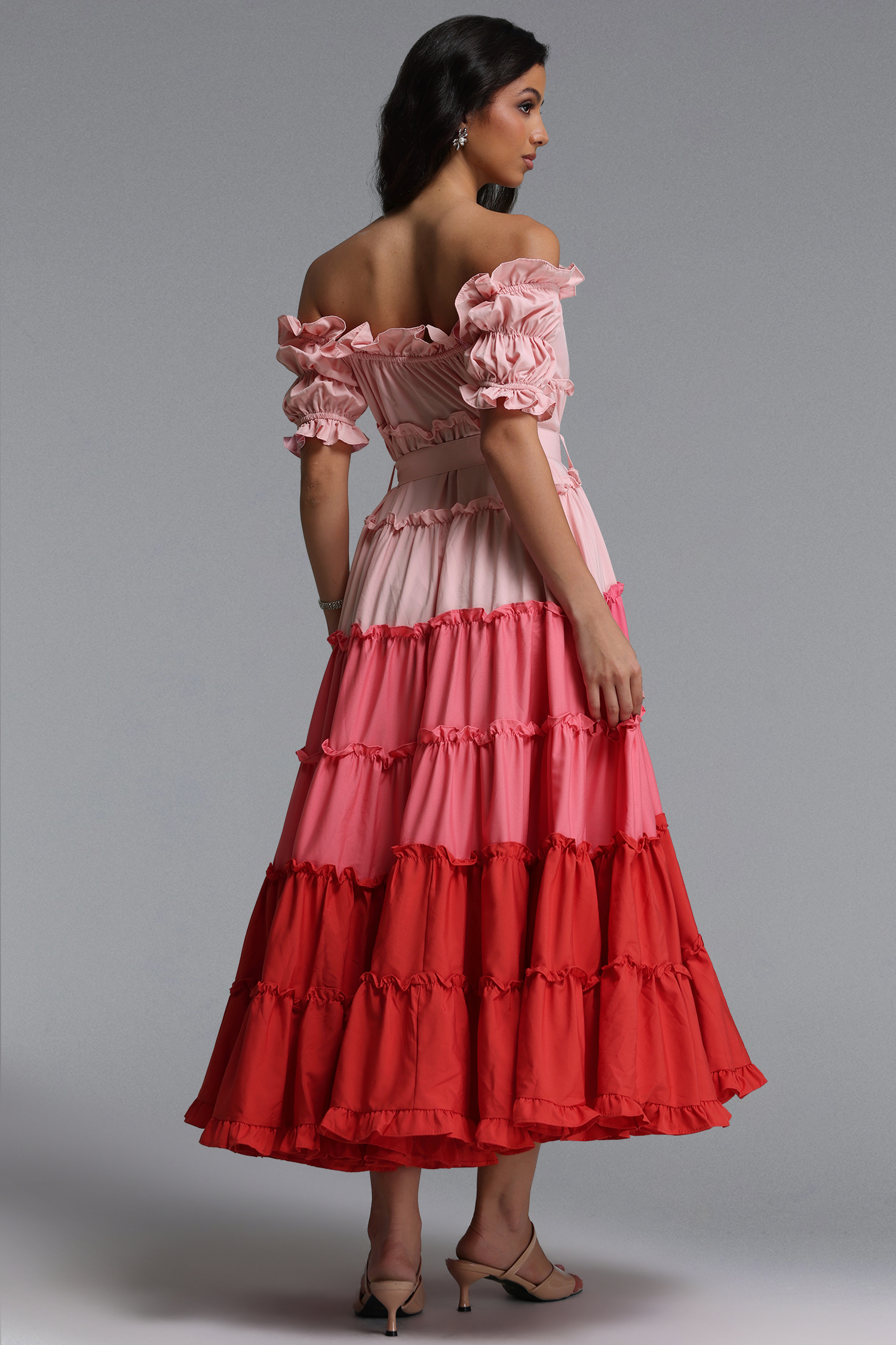 Weirdo Resort Flowy Off Shoulder Short Sleeve Ruffle Woven Maxi Dress