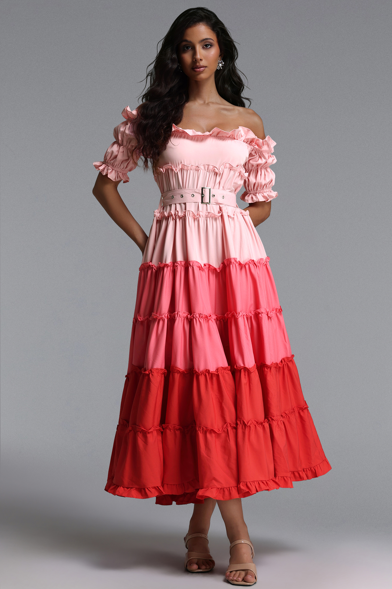 Weirdo Resort Flowy Off Shoulder Short Sleeve Ruffle Woven Maxi Dress