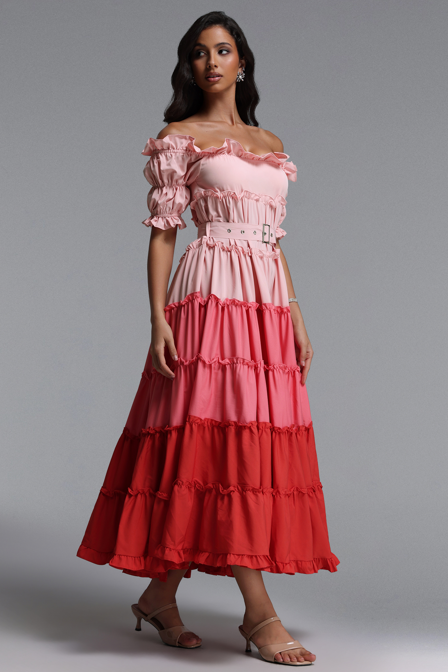 Weirdo Resort Flowy Off Shoulder Short Sleeve Ruffle Woven Maxi Dress