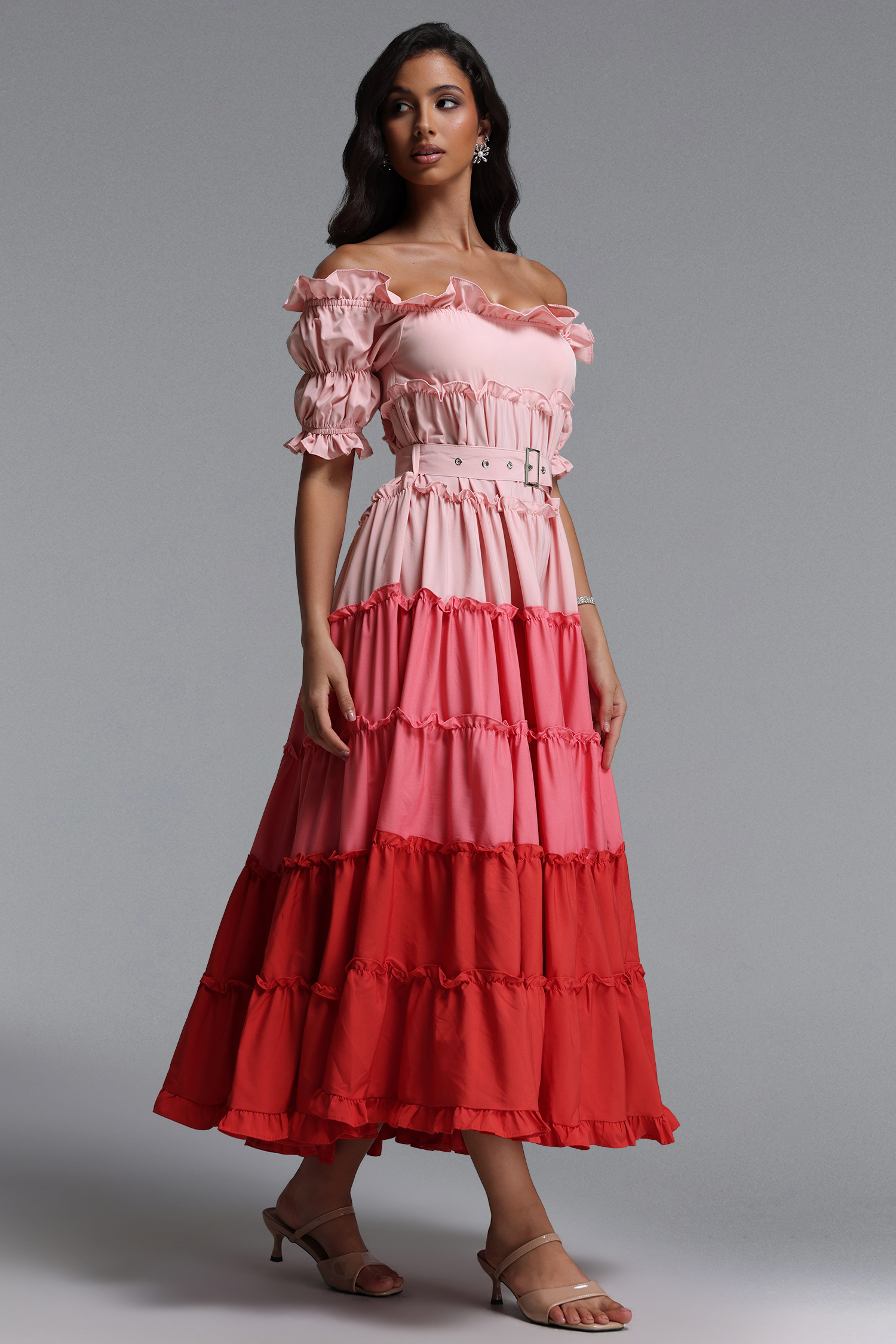 Weirdo Resort Flowy Off Shoulder Short Sleeve Ruffle Woven Maxi Dress