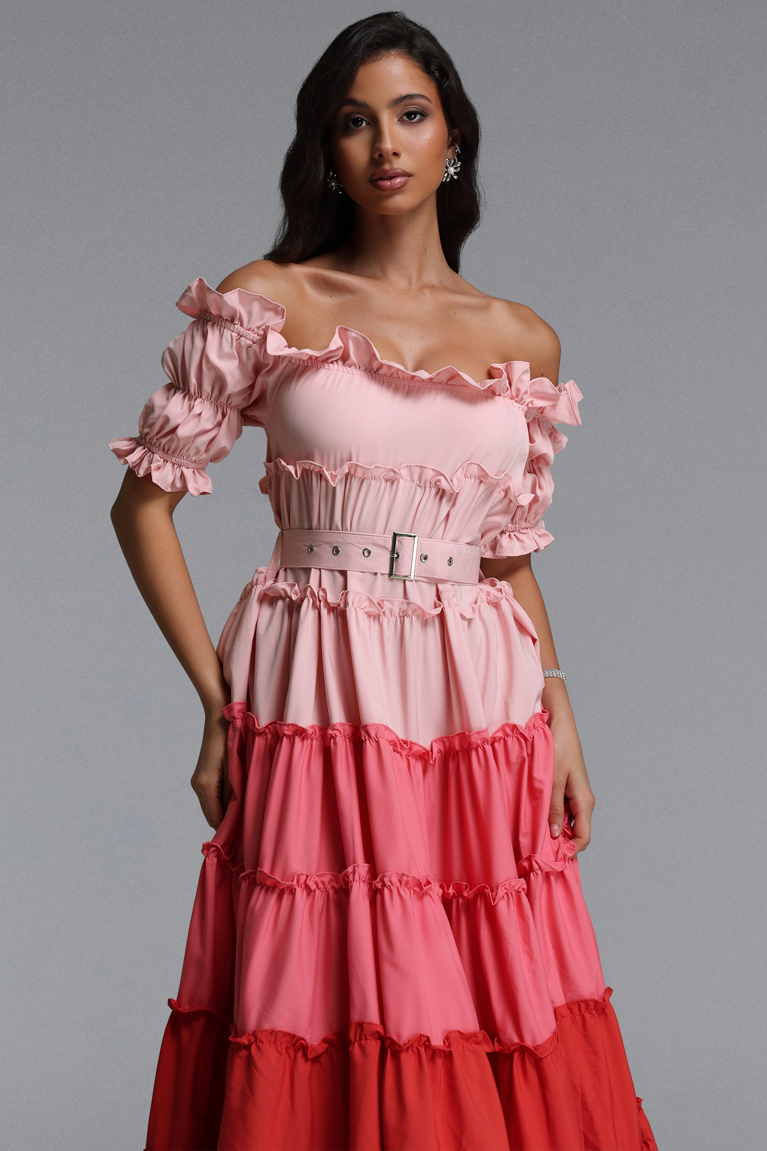 Weirdo Resort Flowy Off Shoulder Short Sleeve Ruffle Woven Maxi Dress