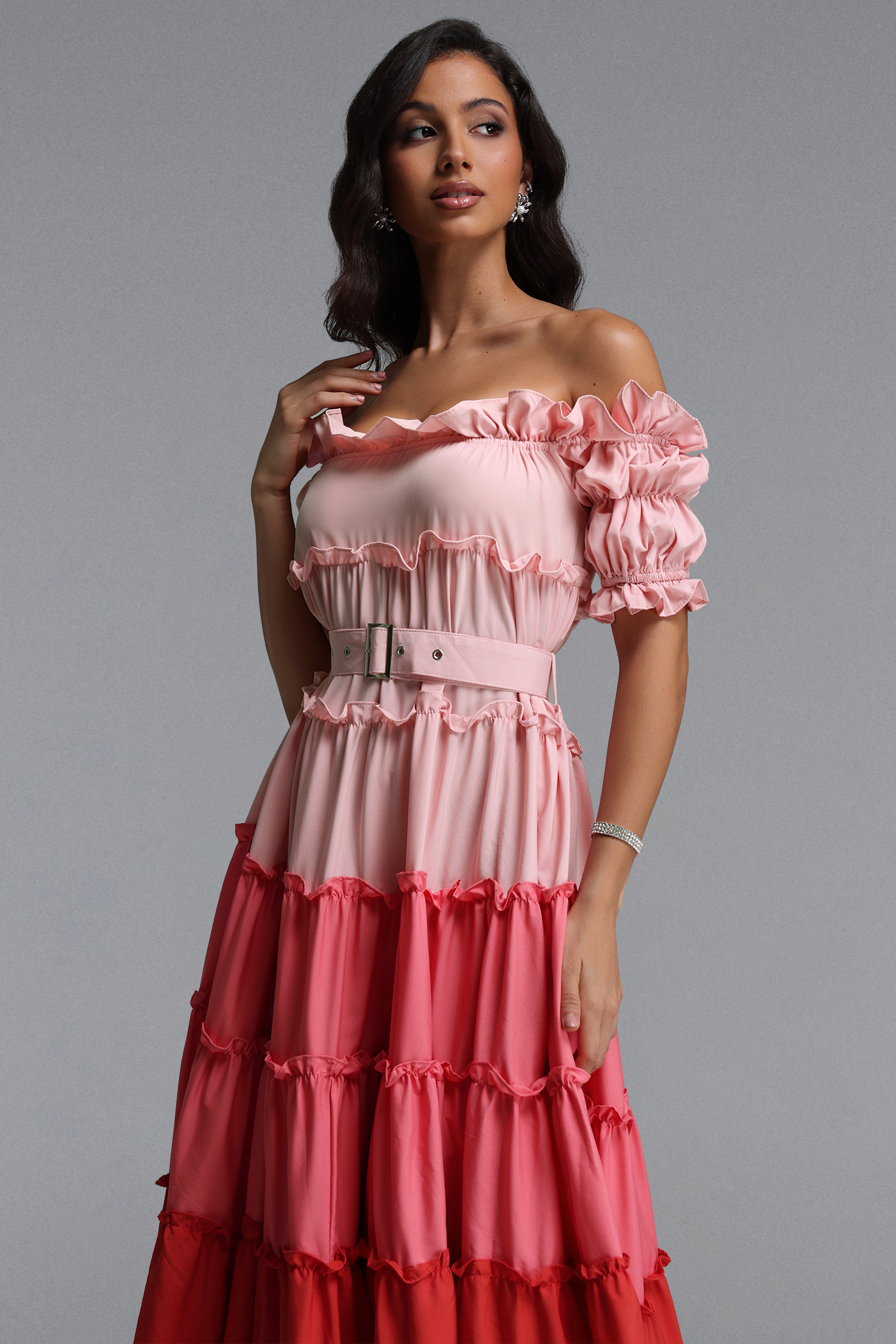 Weirdo Resort Flowy Off Shoulder Short Sleeve Ruffle Woven Maxi Dress