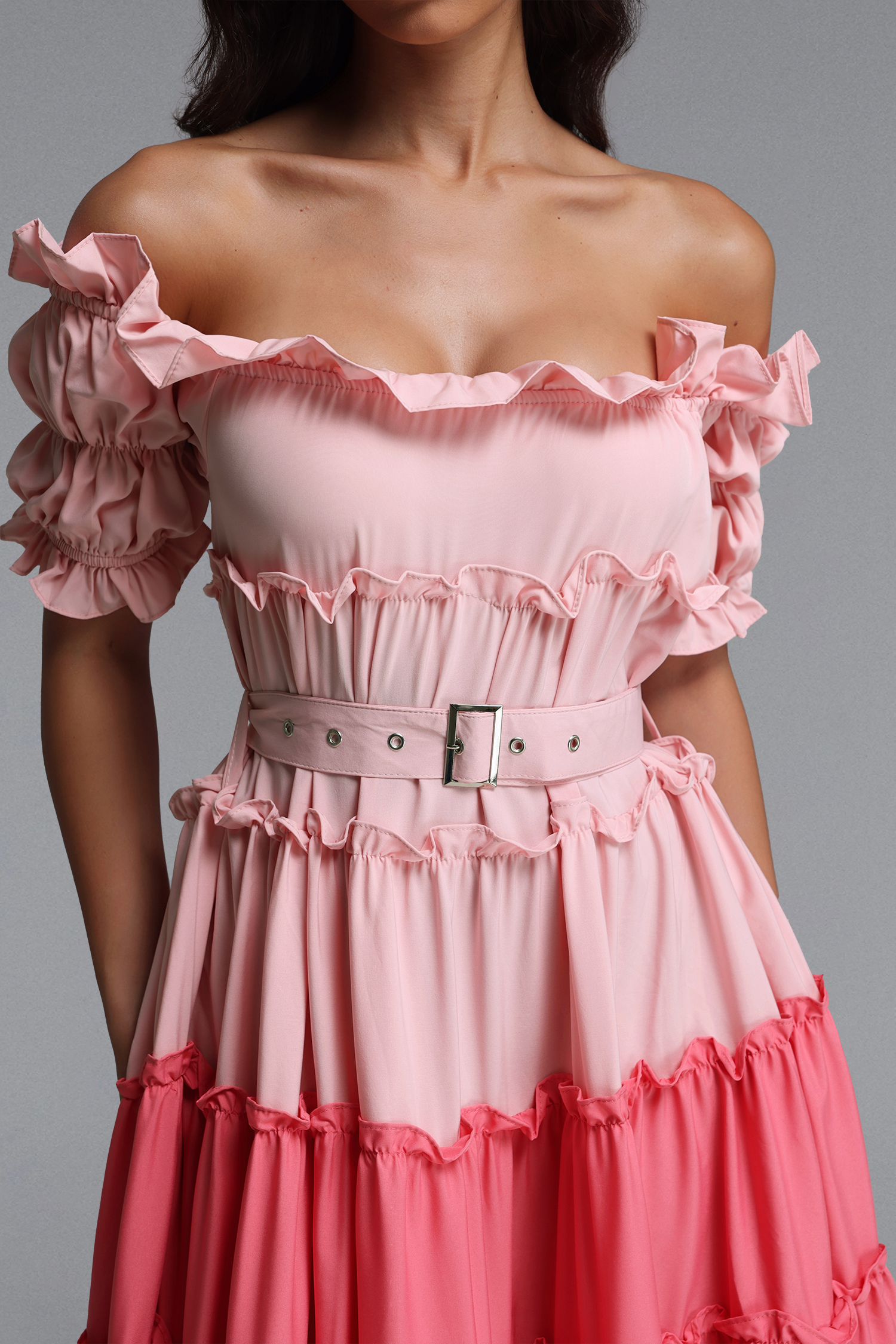 Weirdo Resort Flowy Off Shoulder Short Sleeve Ruffle Woven Maxi Dress