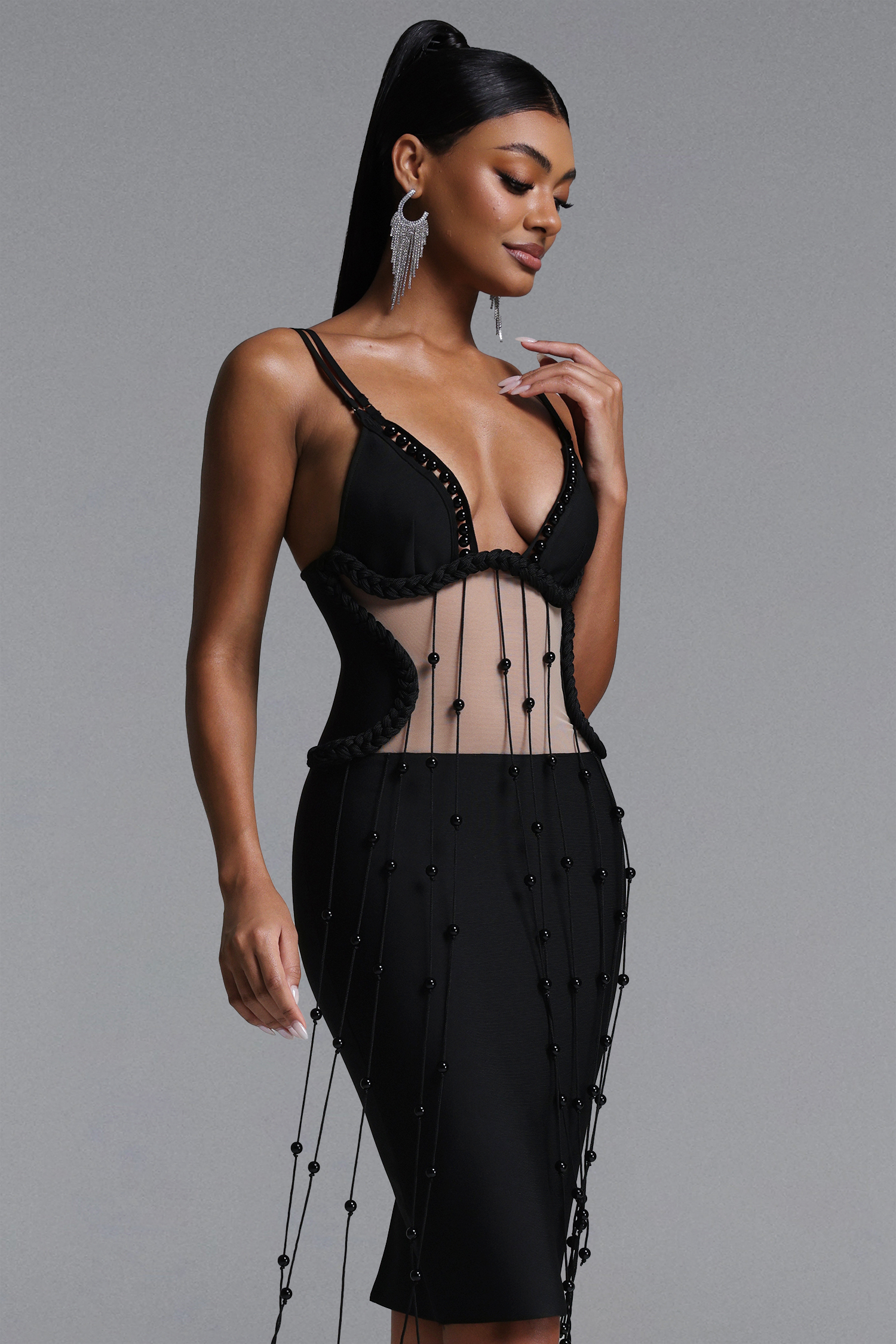 Tove Sexy Contour Cut Out Bead Chian Braided Bandage Midi Dress