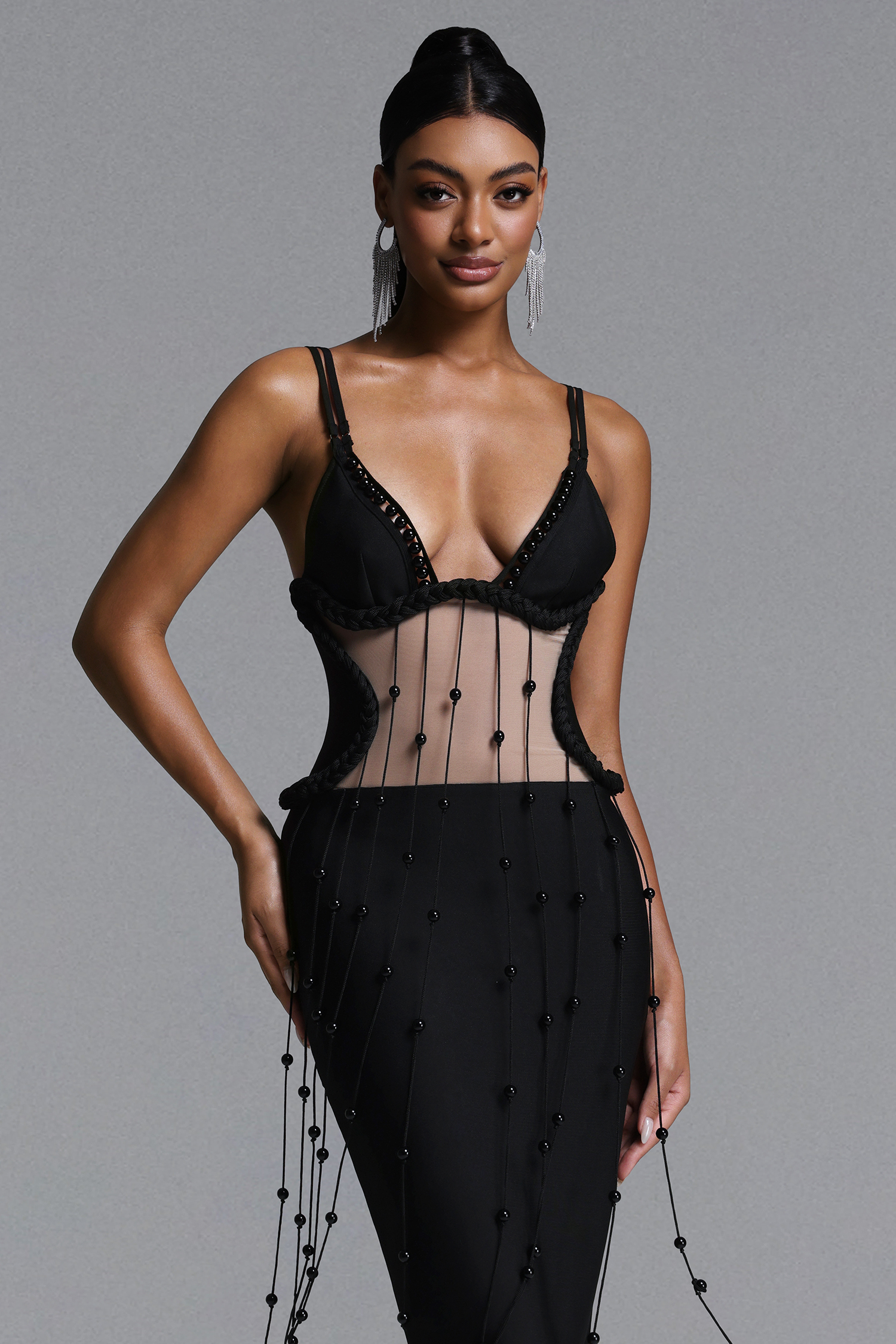 Tove Sexy Contour Cut Out Bead Chian Braided Bandage Midi Dress