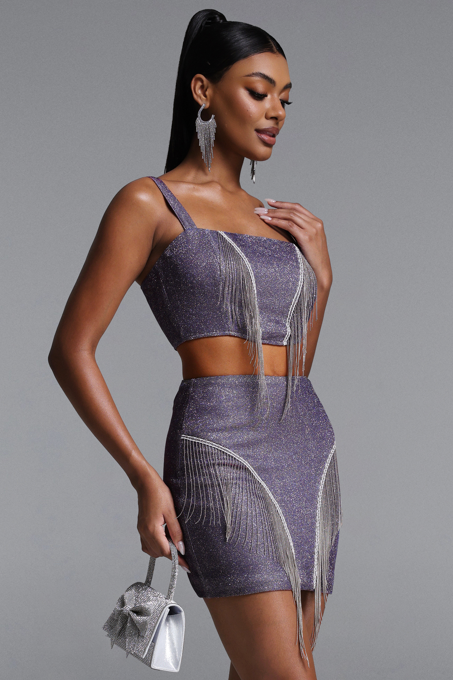Vercia Chic Tailored Glitter Fringe Top and Skirt Set