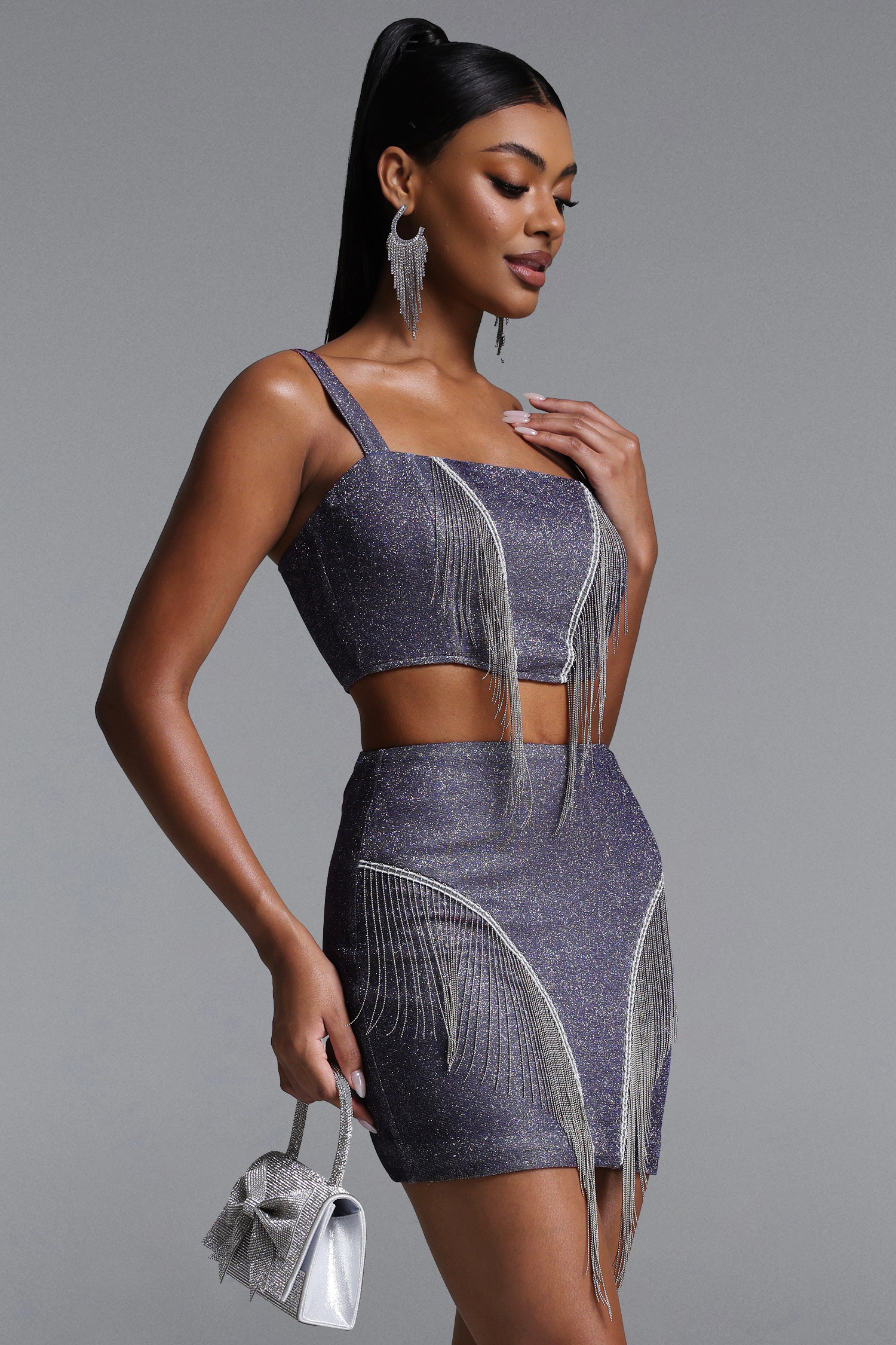 Vercia Chic Tailored Glitter Fringe Top and Skirt Set