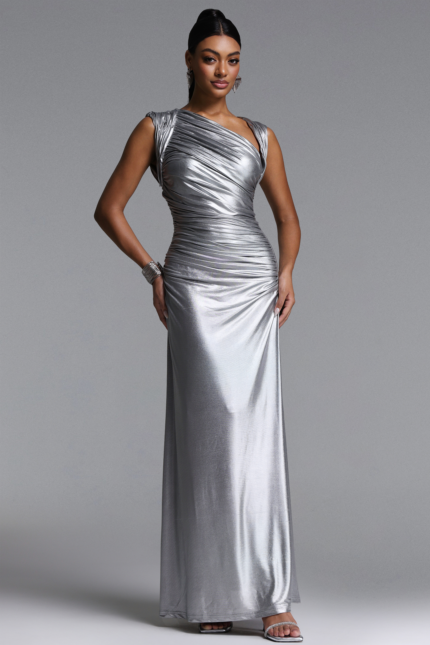 Tannen Chic Contour Sleeveless Ruched Metallic Maxi Dress