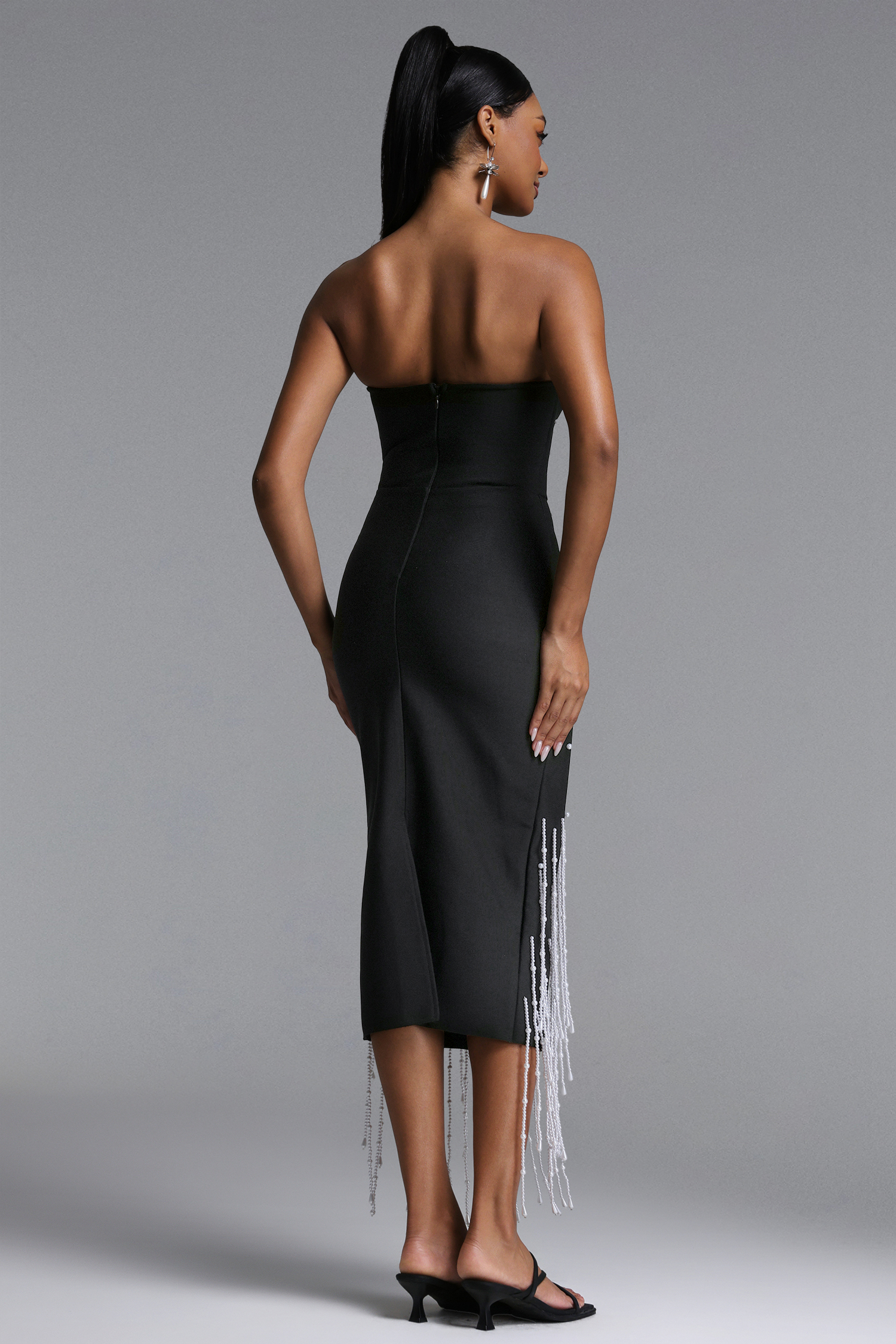 Lafare Chic Contour Strapless Pearl Fringe Bandage Maxi Dress