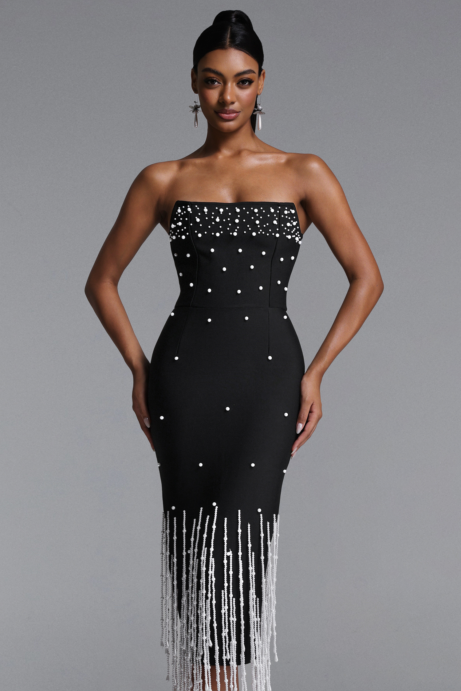 Lafare Chic Contour Strapless Pearl Fringe Bandage Maxi Dress