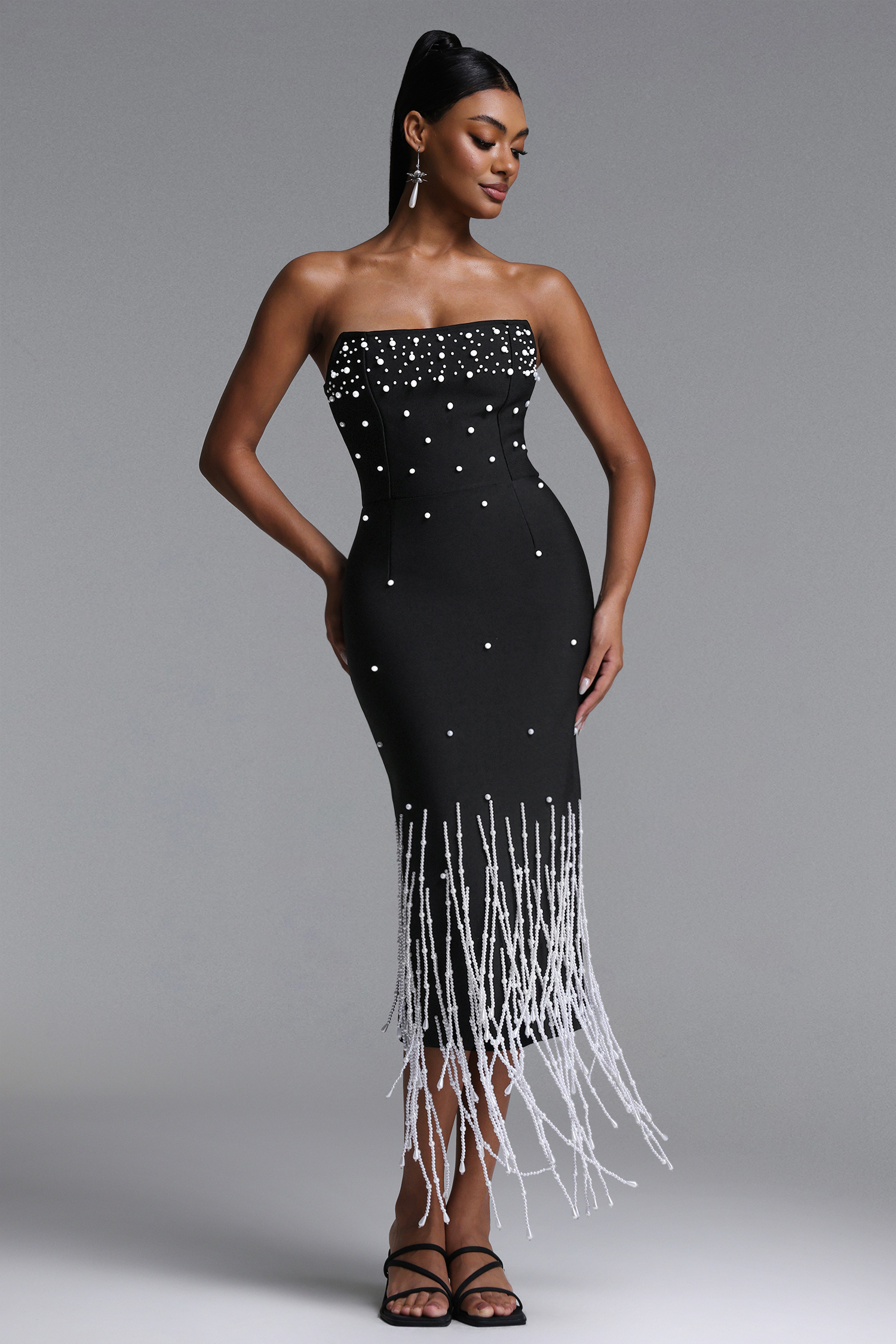 Lafare Chic Contour Strapless Pearl Fringe Bandage Maxi Dress