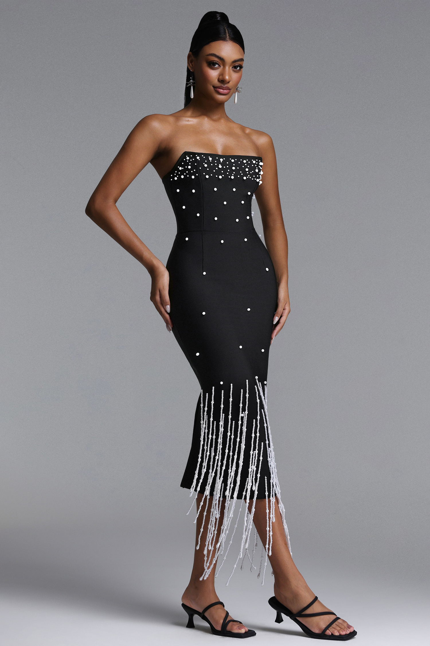 Lafare Chic Contour Strapless Pearl Fringe Bandage Maxi Dress