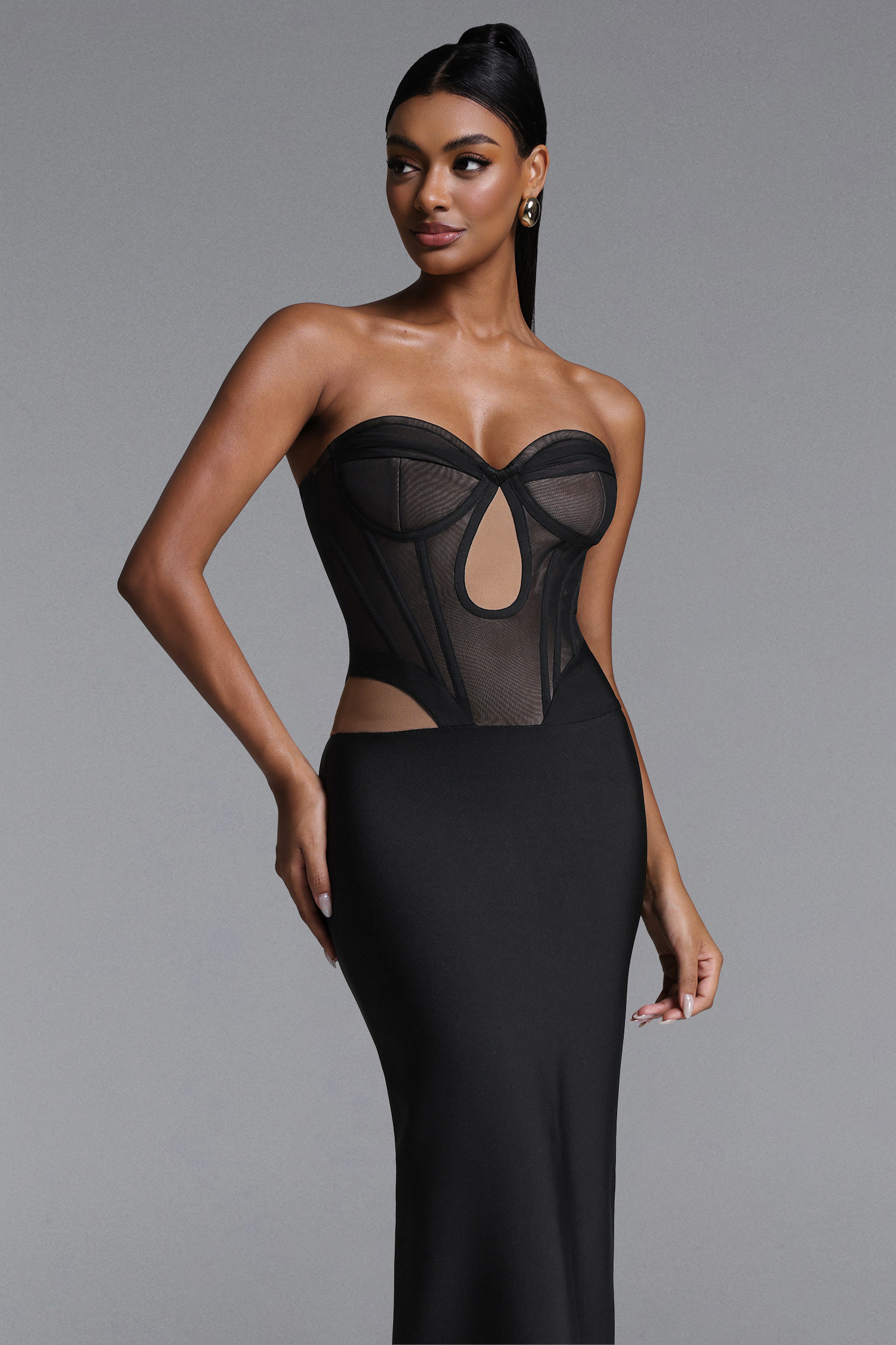 Xaviera Sexy Contour Strapless Cut Out Sheer Bandage Maxi Dress