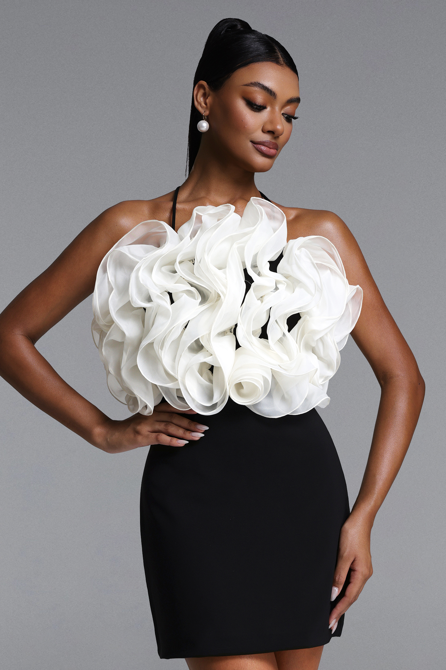 Eweny Chic Contour Halter Ruffle Mini Dress