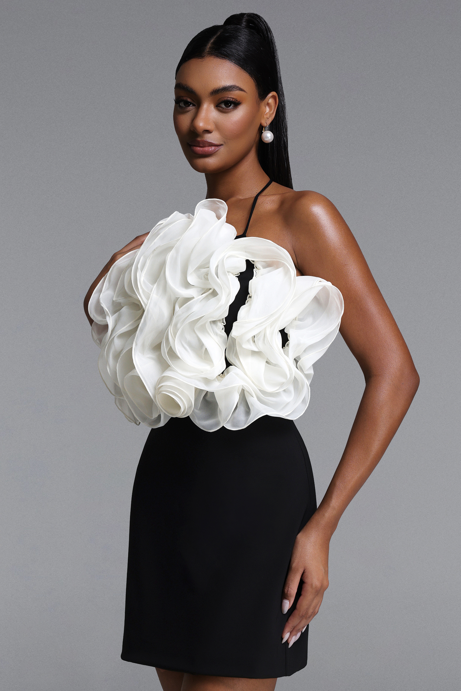 Eweny Chic Contour Halter Ruffle Mini Dress