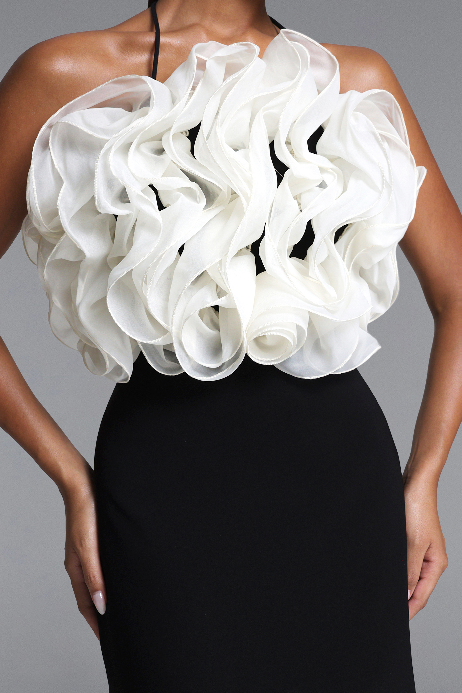 Eweny Chic Contour Halter Ruffle Mini Dress