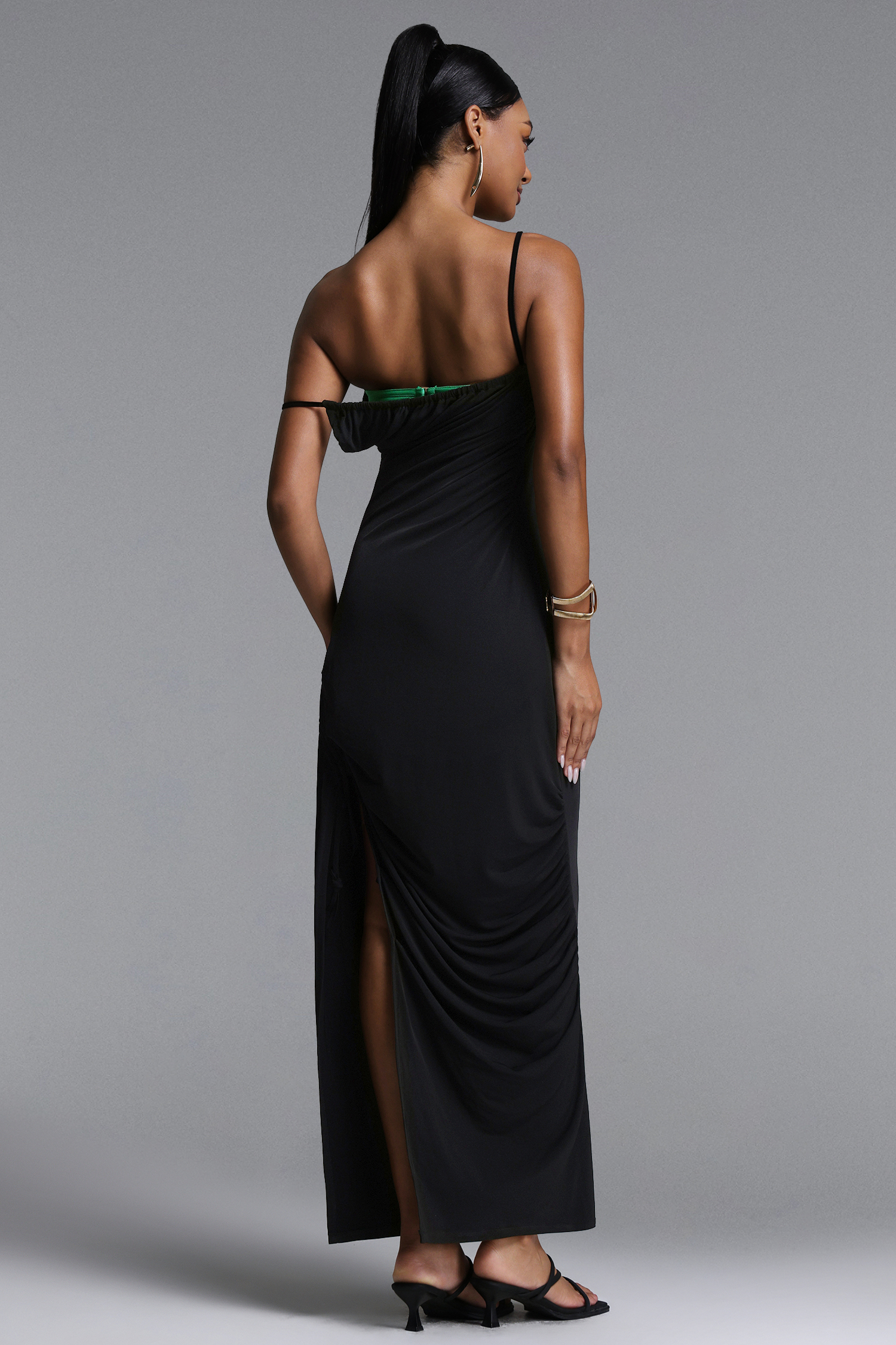 Shaha Sexy Contour High Slit Ruched Contrast Maxi Dress