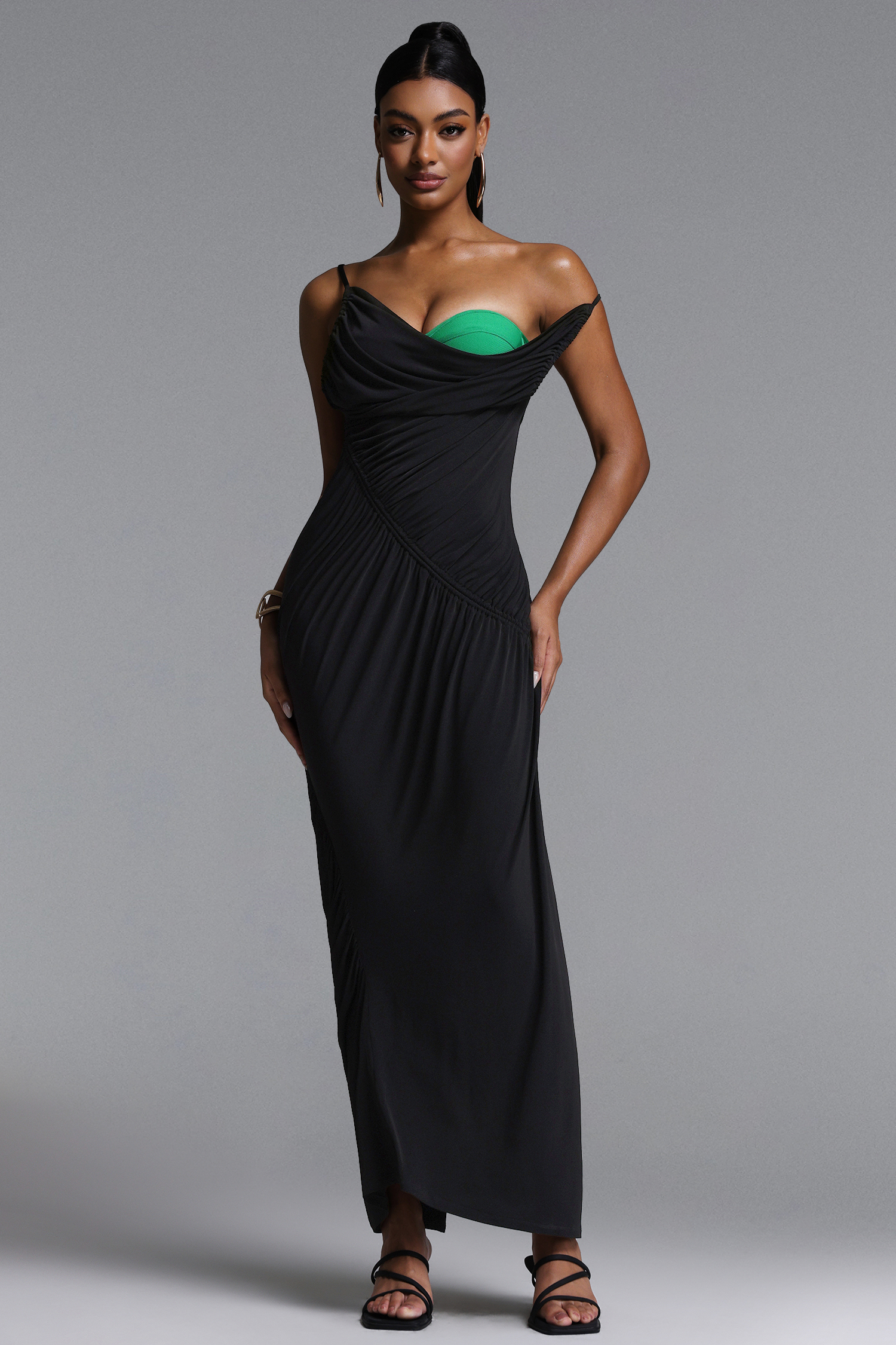 Shaha Sexy Contour High Slit Ruched Contrast Maxi Dress