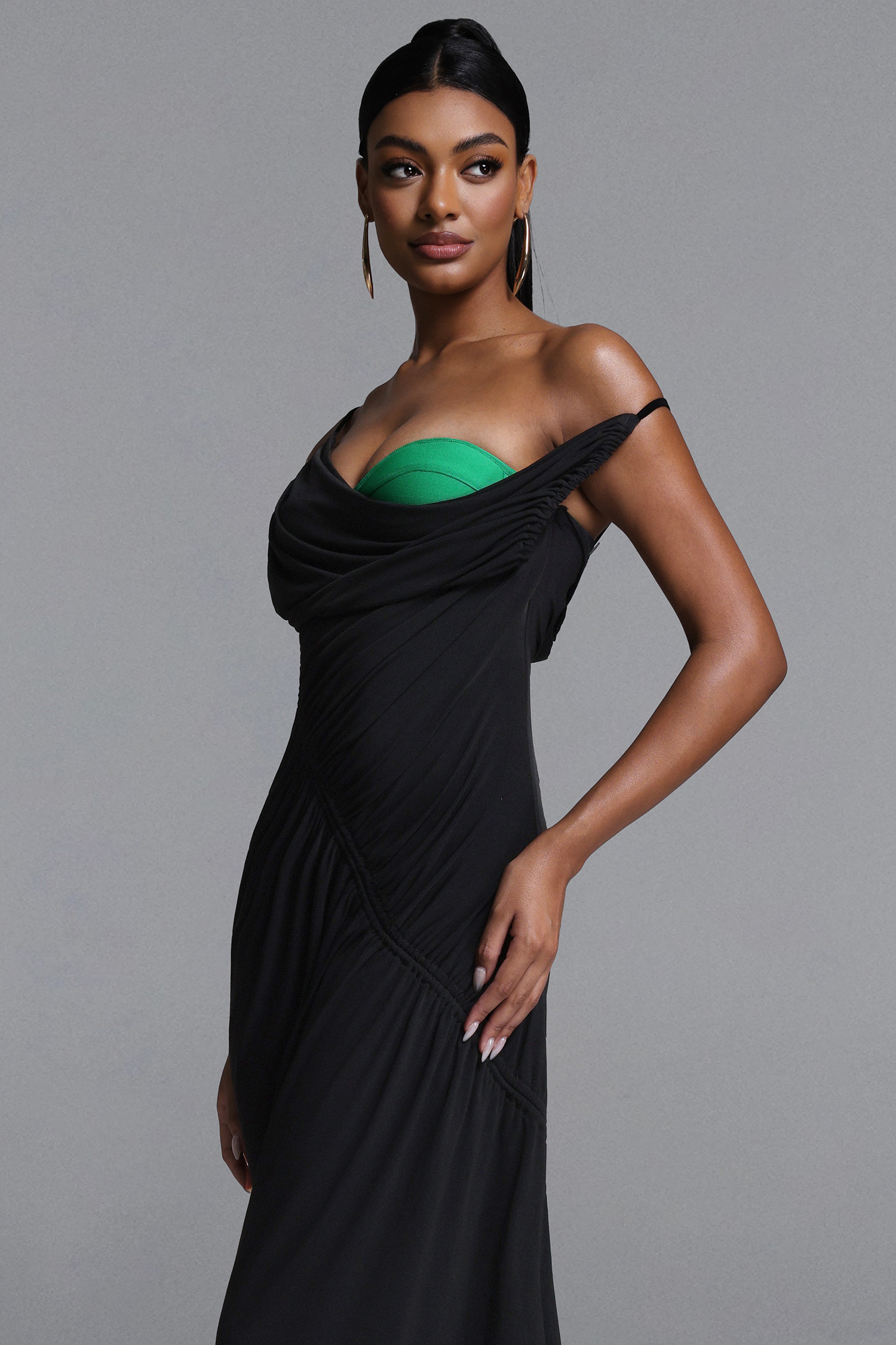 Shaha Sexy Contour High Slit Ruched Contrast Maxi Dress