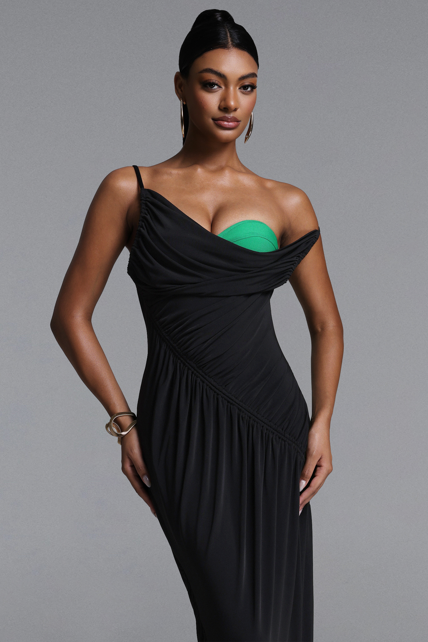 Shaha Sexy Contour High Slit Ruched Contrast Maxi Dress
