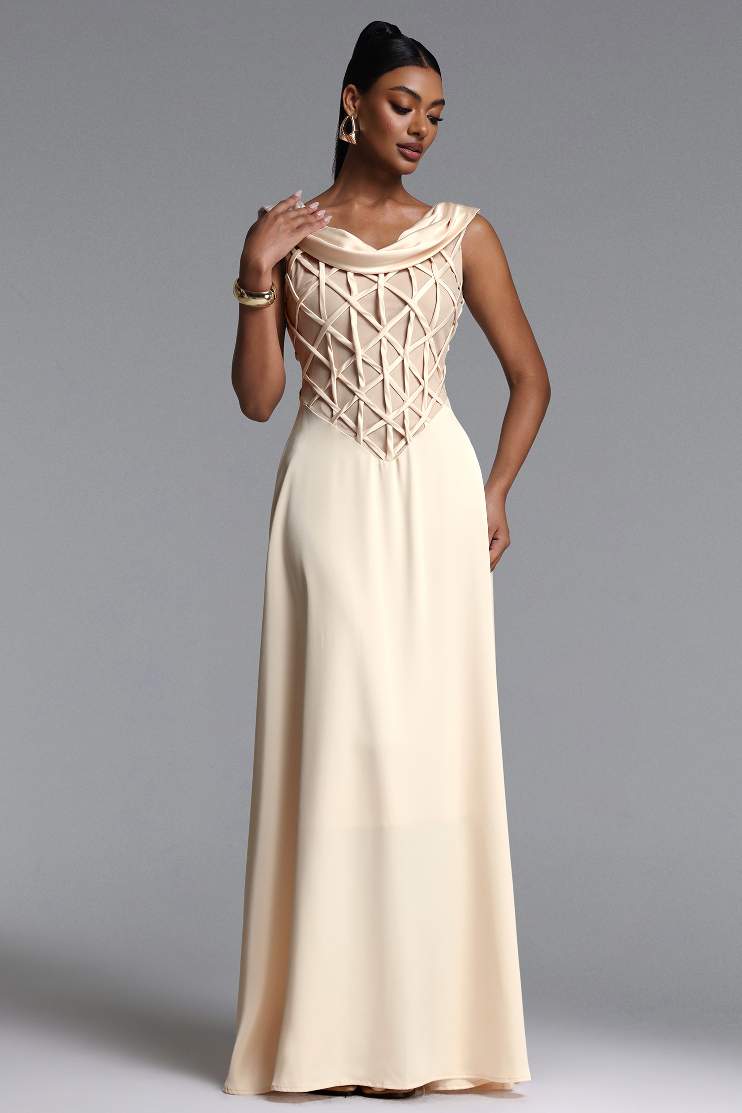 Lesley Elegant Sleeveless Cowl Neck Geometric Lattice Maxi Dress