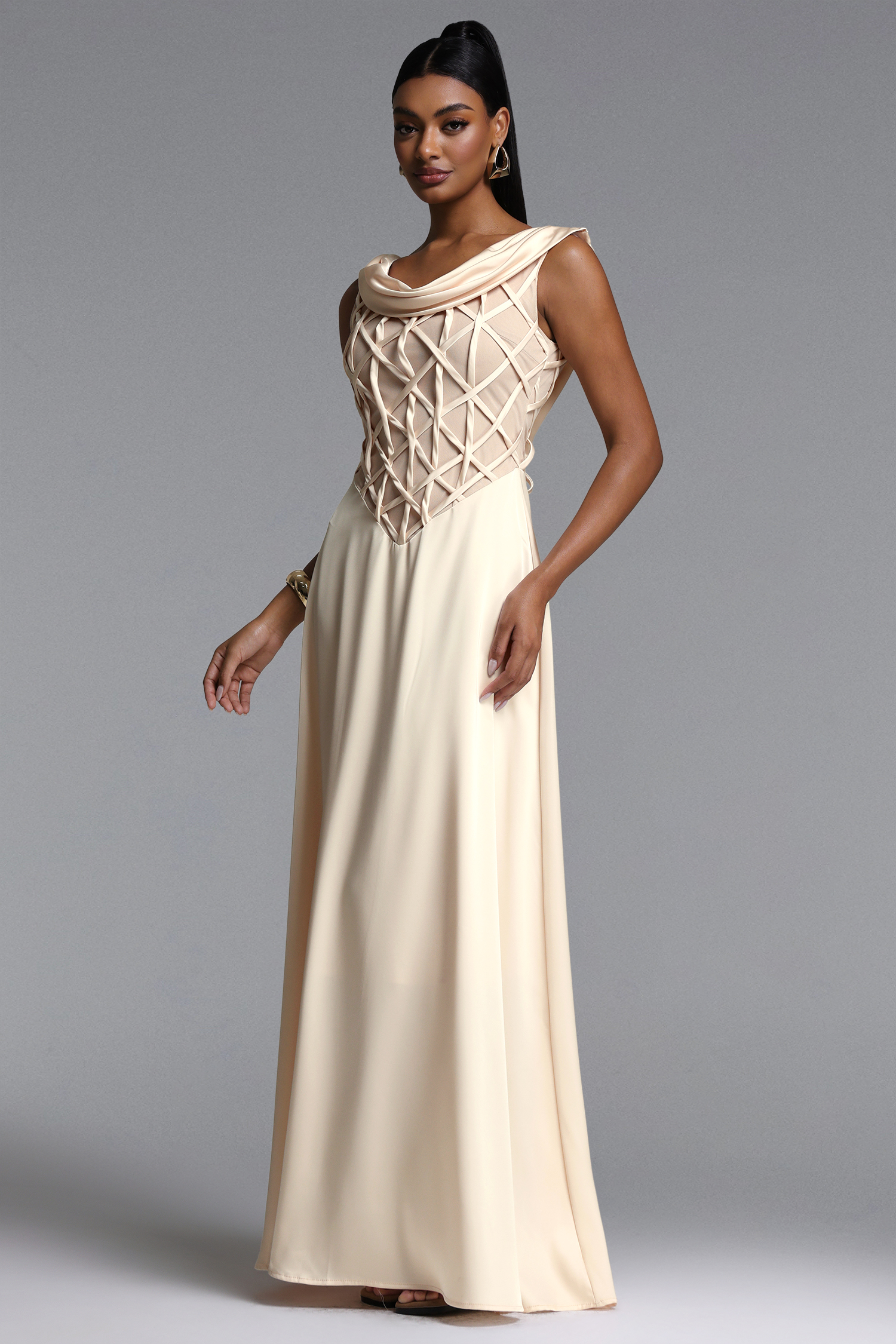 Lesley Elegant Sleeveless Cowl Neck Geometric Lattice Maxi Dress