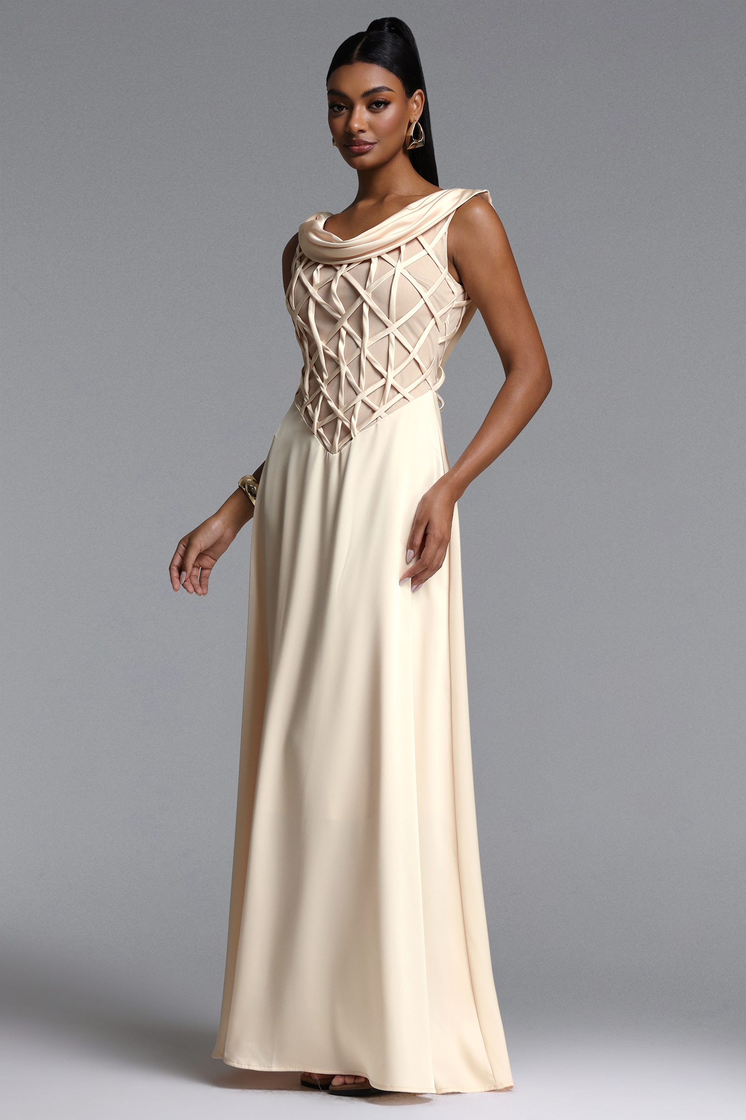 Lesley Elegant Sleeveless Cowl Neck Geometric Lattice Maxi Dress