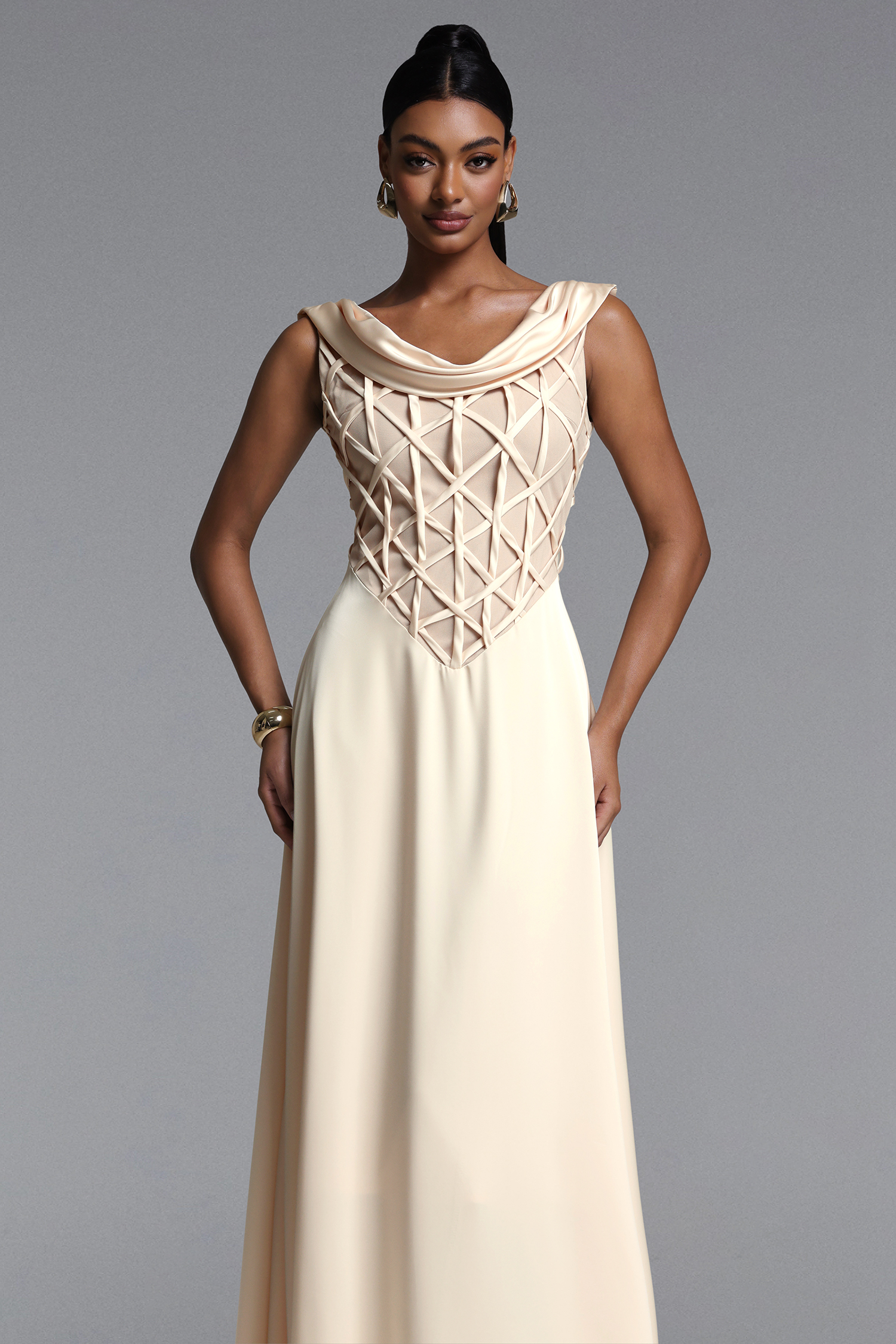 Lesley Elegant Sleeveless Cowl Neck Geometric Lattice Maxi Dress