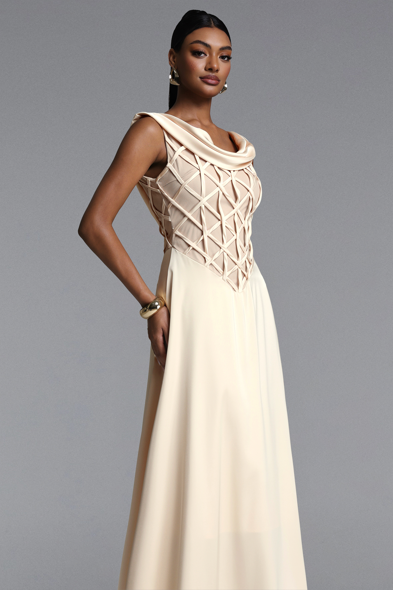 Lesley Elegant Sleeveless Cowl Neck Geometric Lattice Maxi Dress