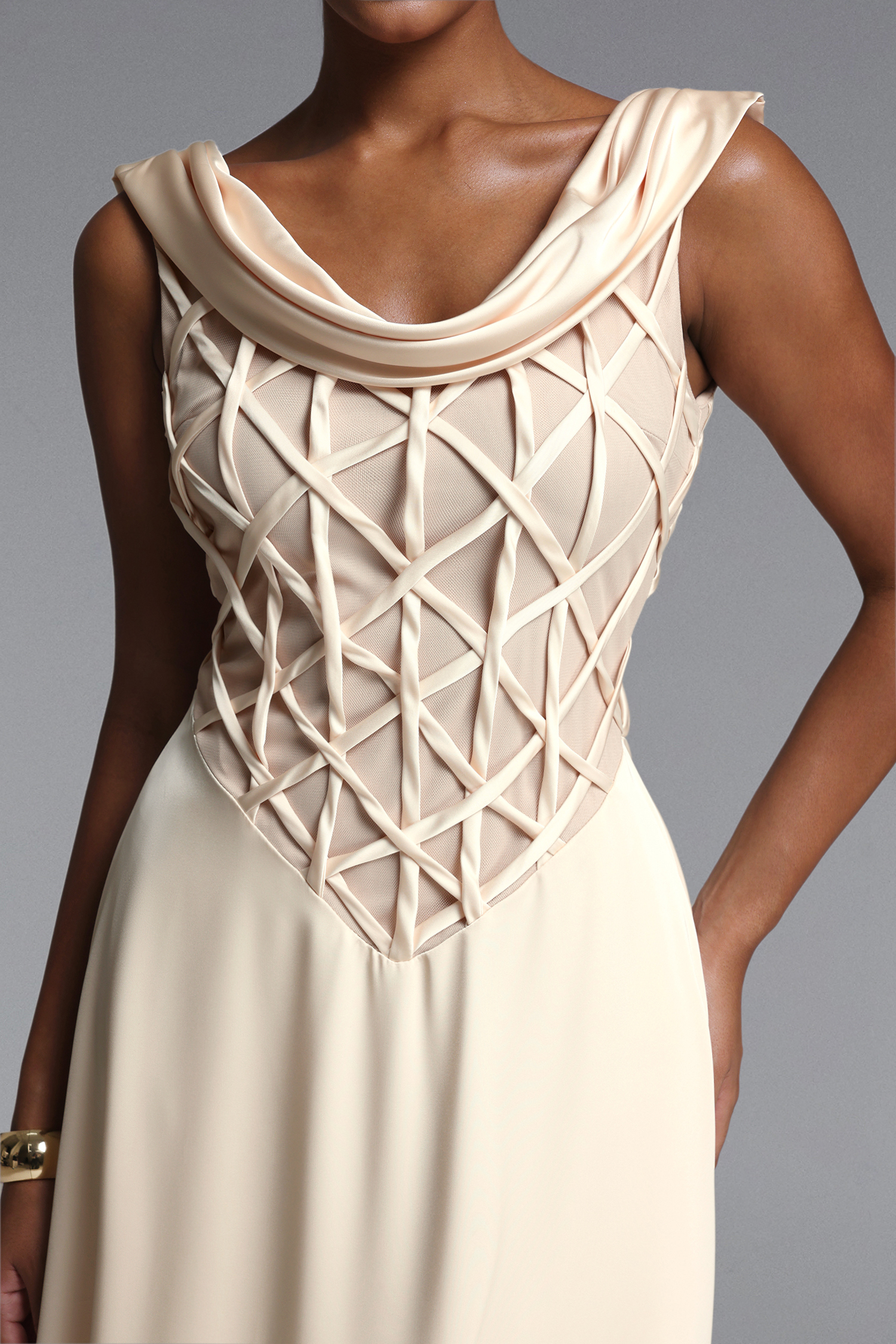 Lesley Elegant Sleeveless Cowl Neck Geometric Lattice Maxi Dress