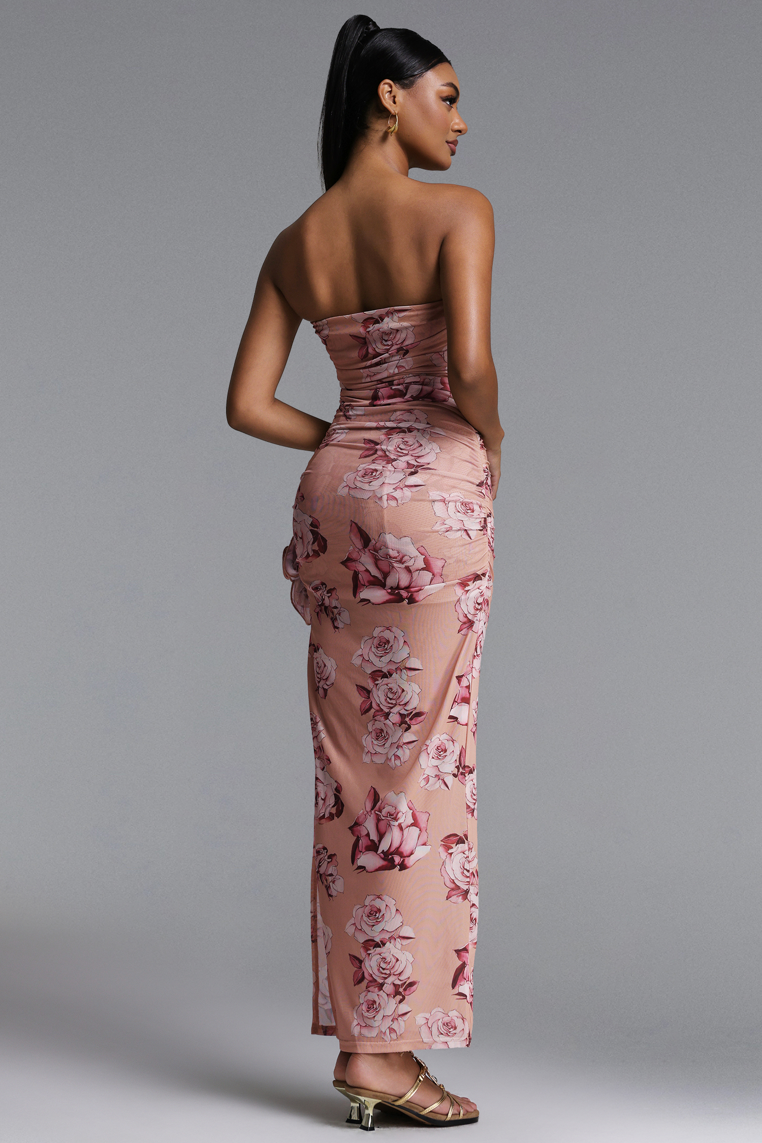 Zaroe Romantic Contour Strapless Ruched Floral Print Maxi Dress