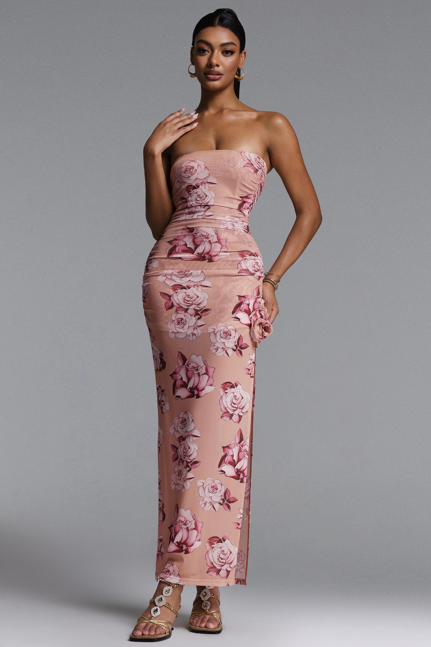 Zaroe Romantic Contour Strapless Ruched Floral Print Maxi Dress