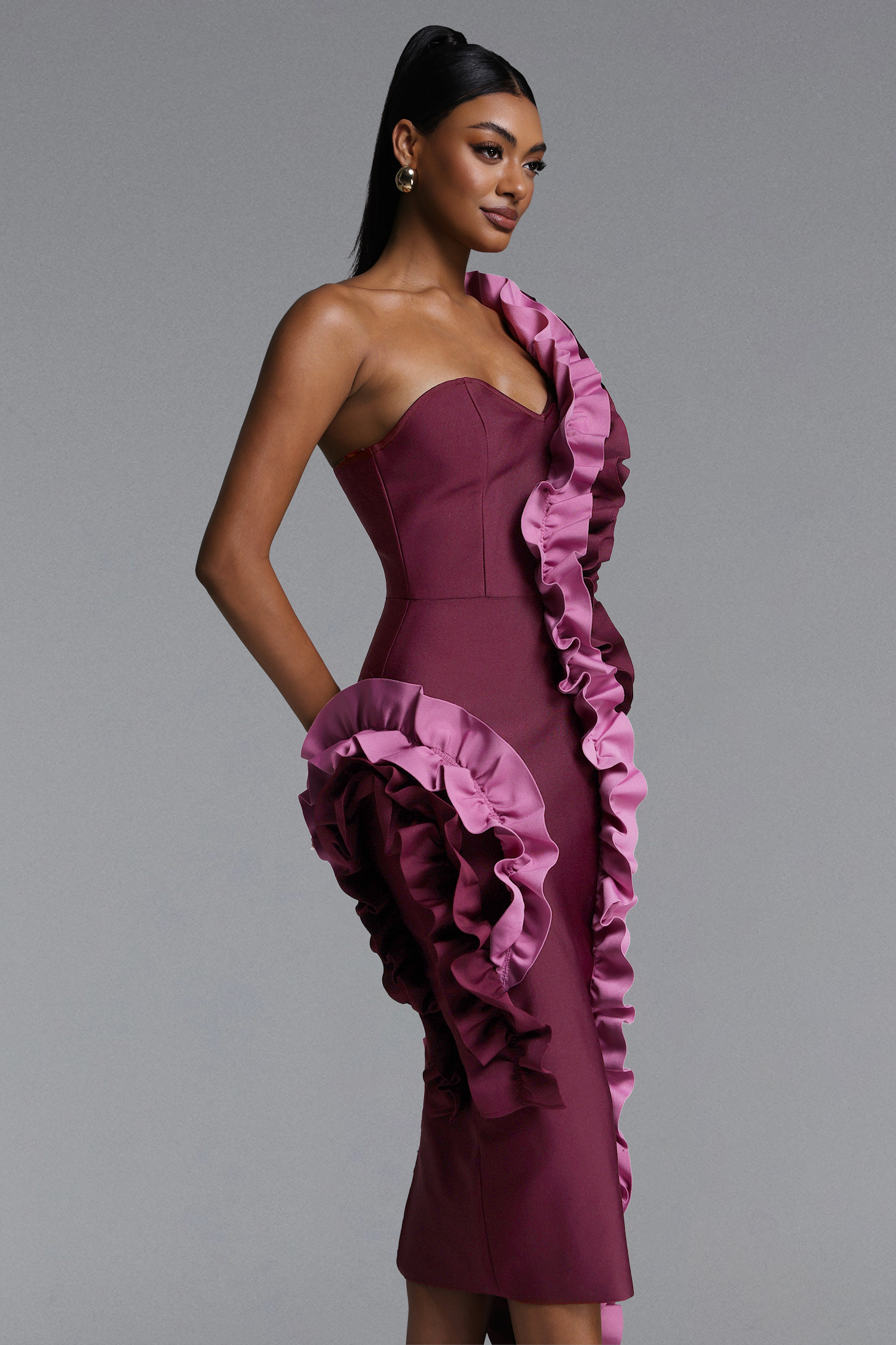 Gaia Chic Contour Strapless Ruffle Bandage Maxi Dress