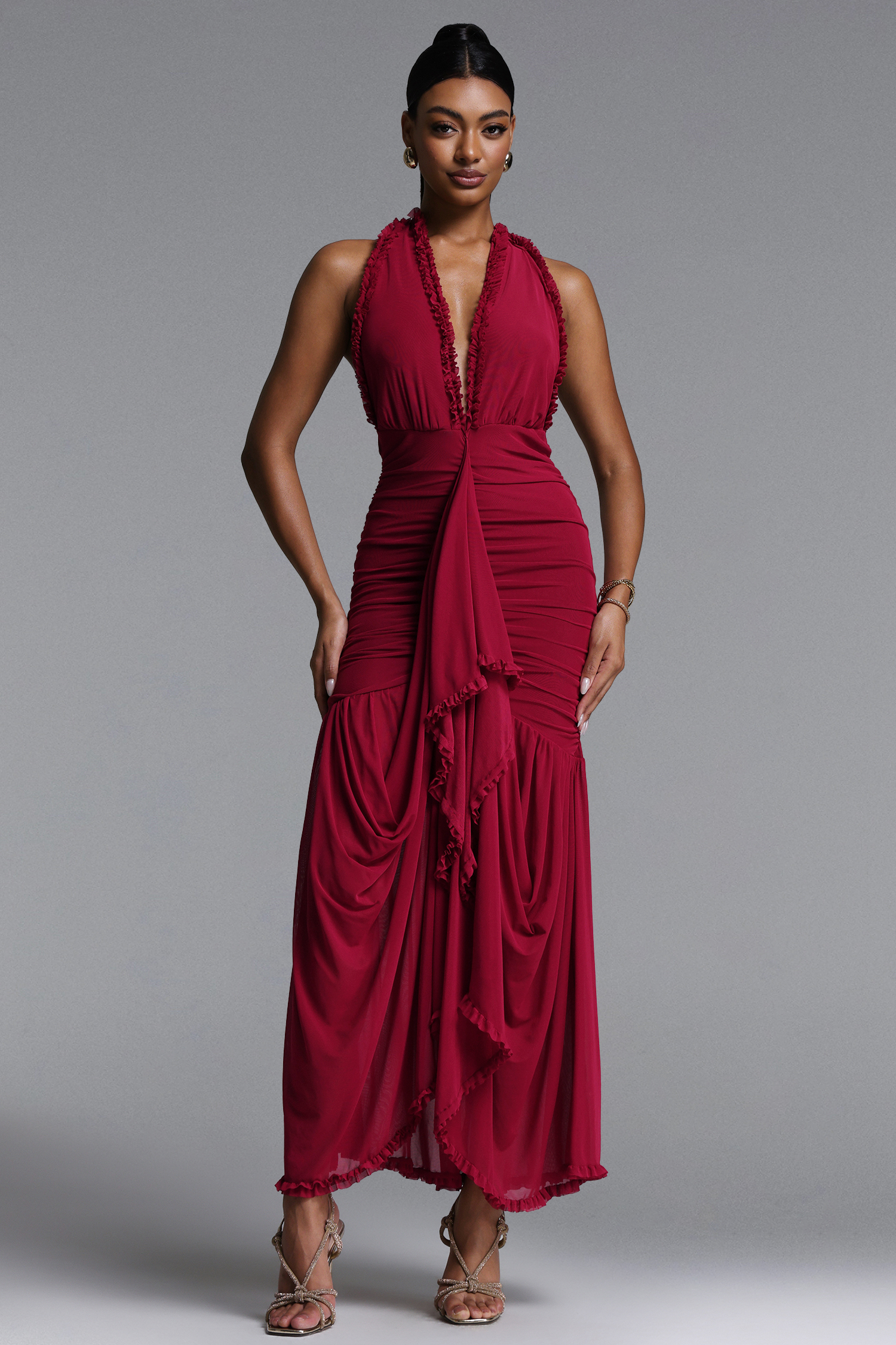 Imaan Romantic Flowy Halter V Neck Ruched Maxi Dress