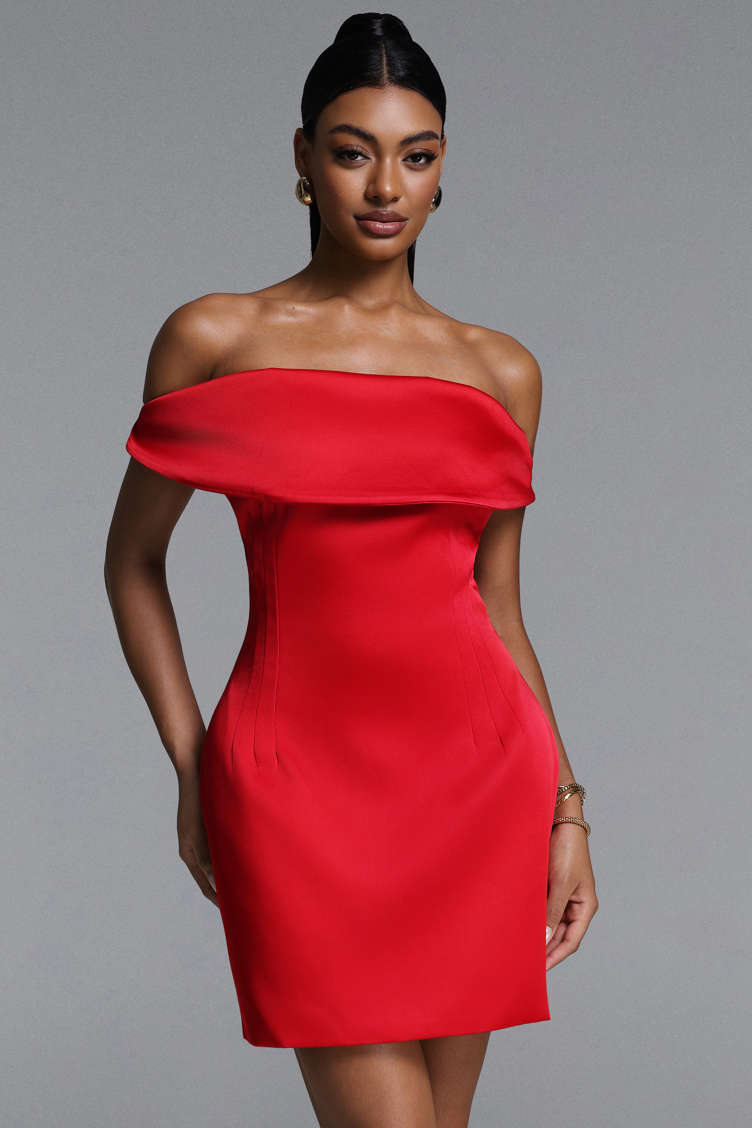 Sharina Romantic Tailored Off Shoulder Satin Mini Dress