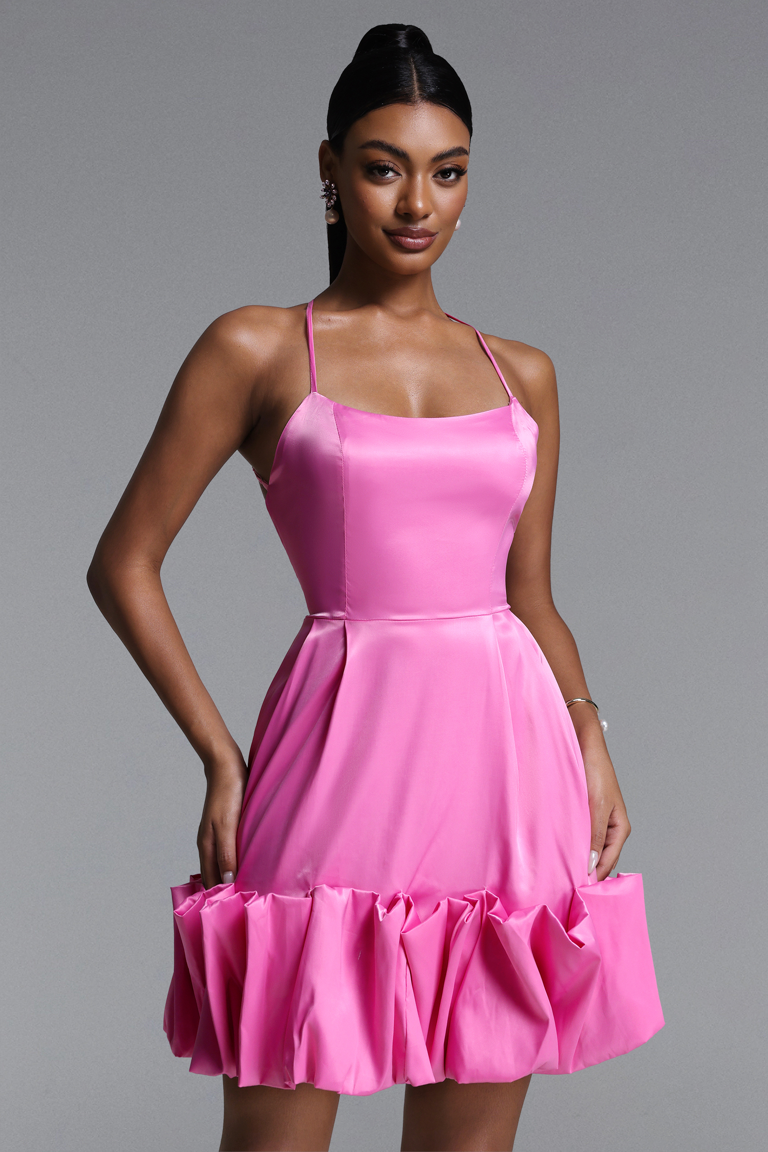 Sarly Romantic Tailored Satin Puff Mini Dress