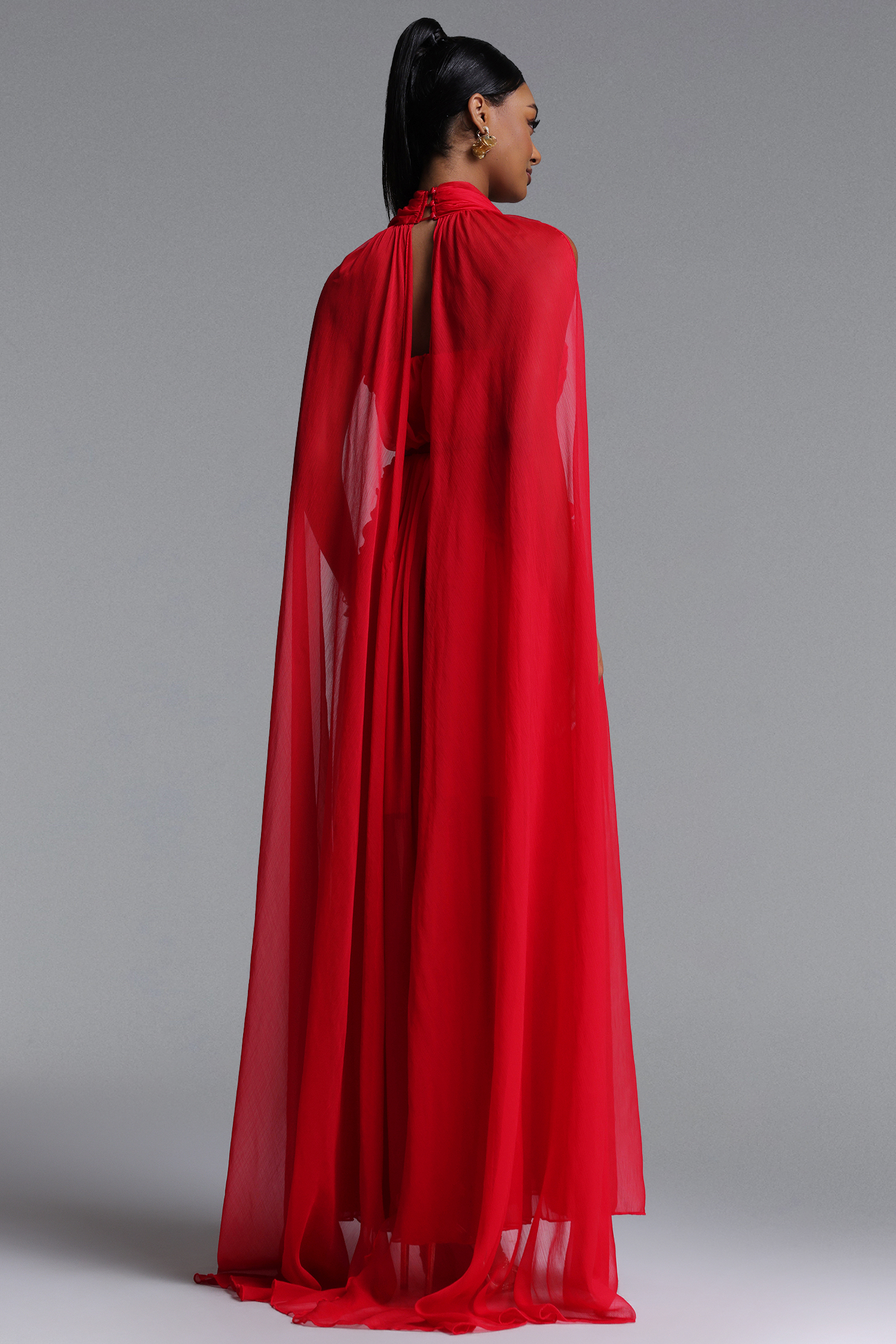 Mio Sexy Flowy V Neck Cape Pleated Cut Out Maxi Dress