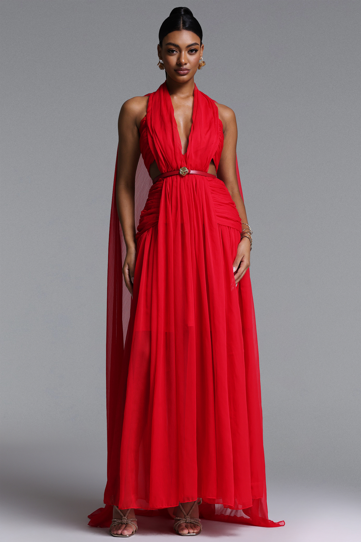 Mio Sexy Flowy V Neck Cape Pleated Cut Out Maxi Dress