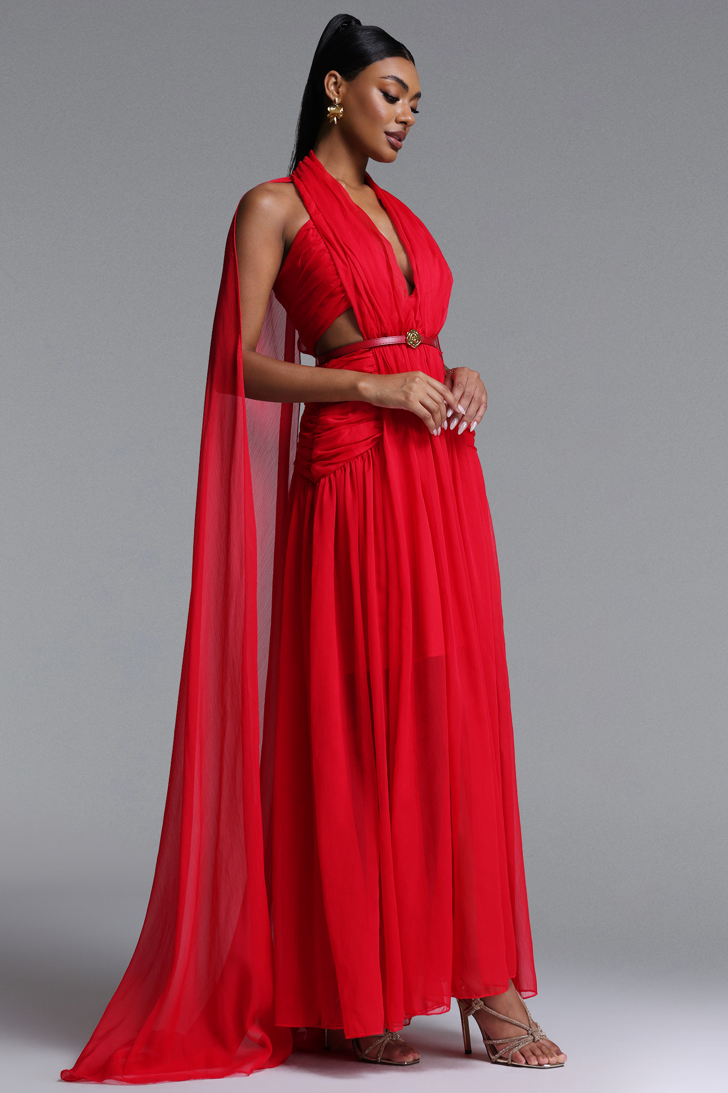 Mio Sexy Flowy V Neck Cape Pleated Cut Out Maxi Dress