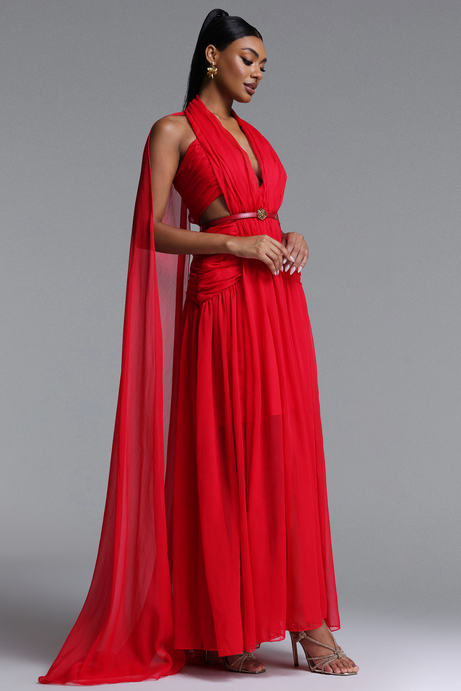 Mio Sexy Flowy V Neck Cape Pleated Cut Out Maxi Dress