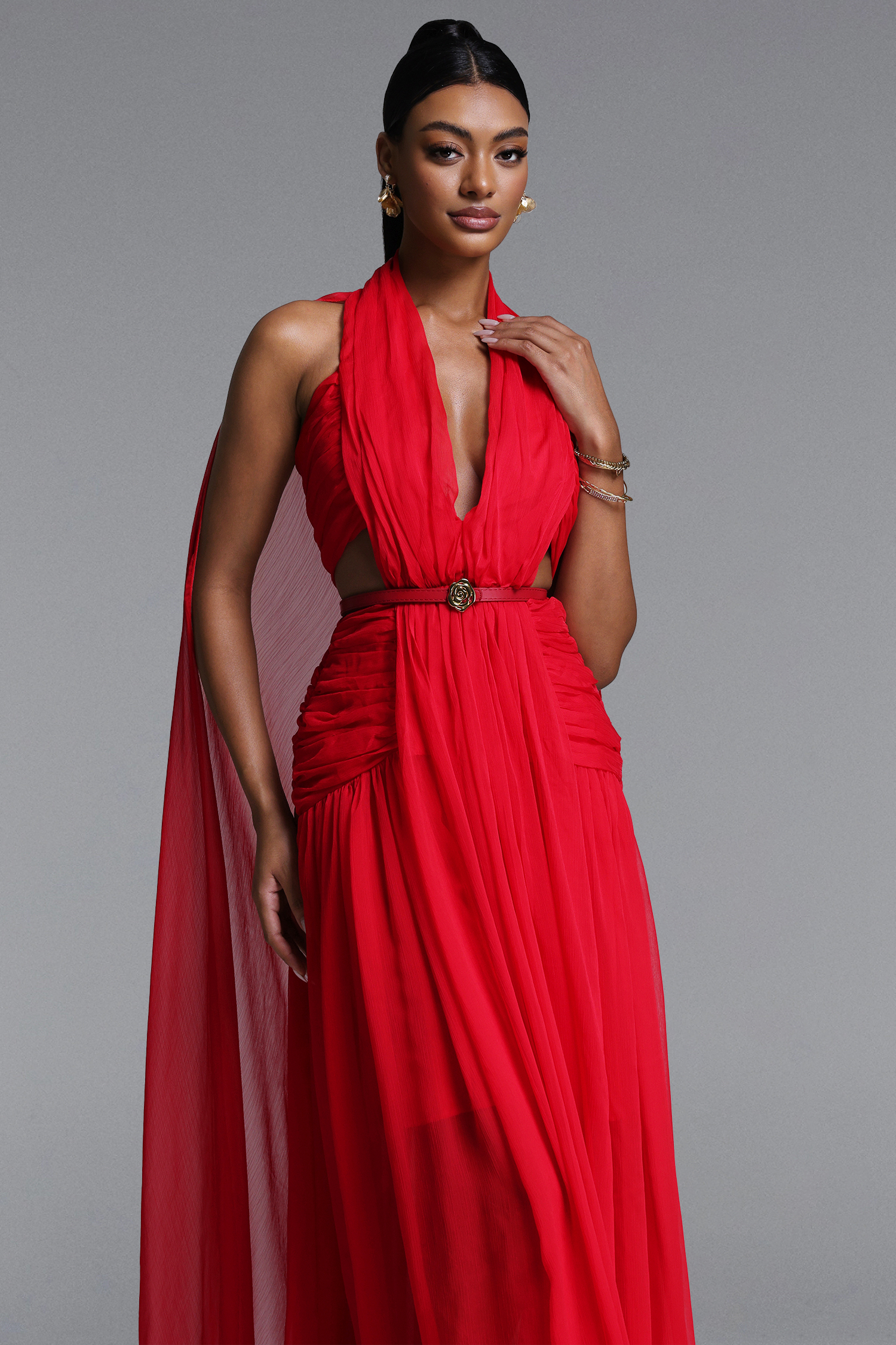 Mio Sexy Flowy V Neck Cape Pleated Cut Out Maxi Dress