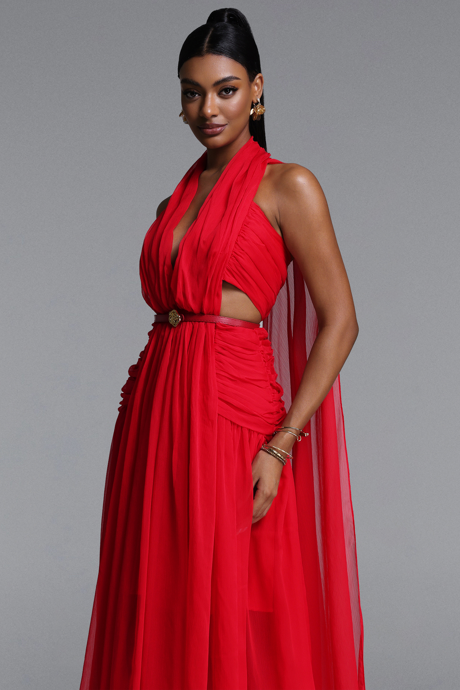 Mio Sexy Flowy V Neck Cape Pleated Cut Out Maxi Dress