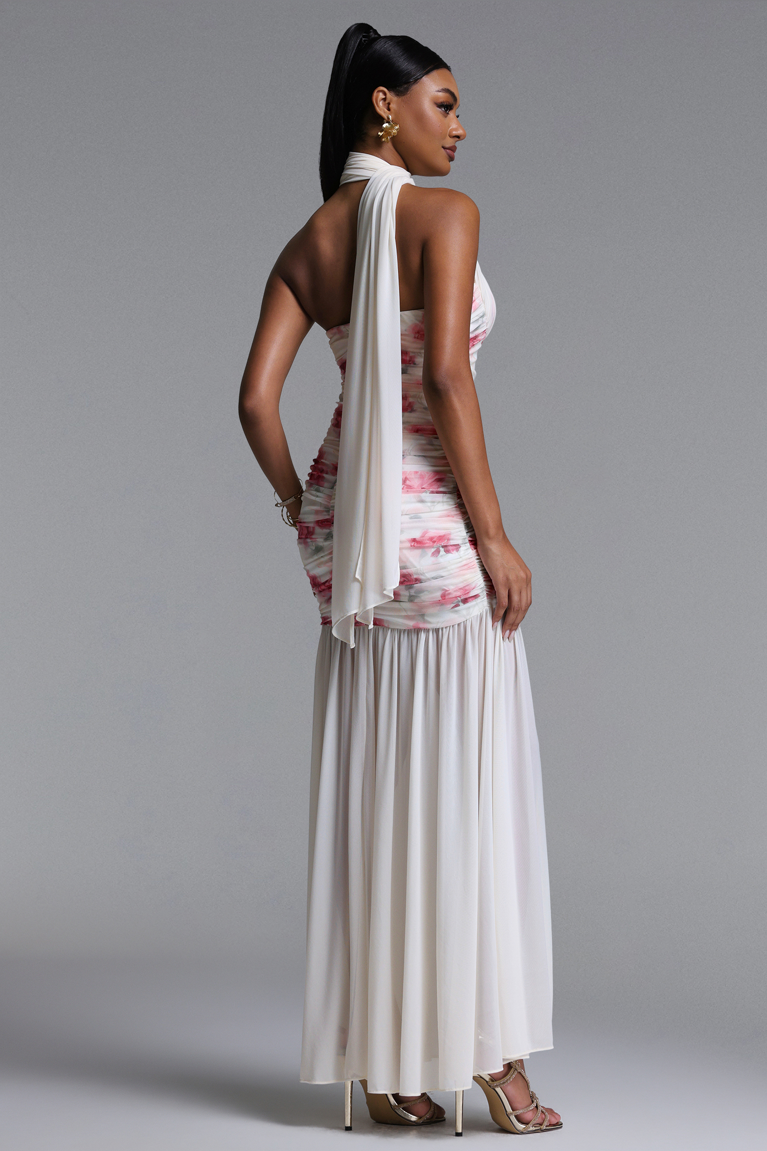 Margarete Romantic Contour Halter Ruched Floral Print Mesh Maxi Dress