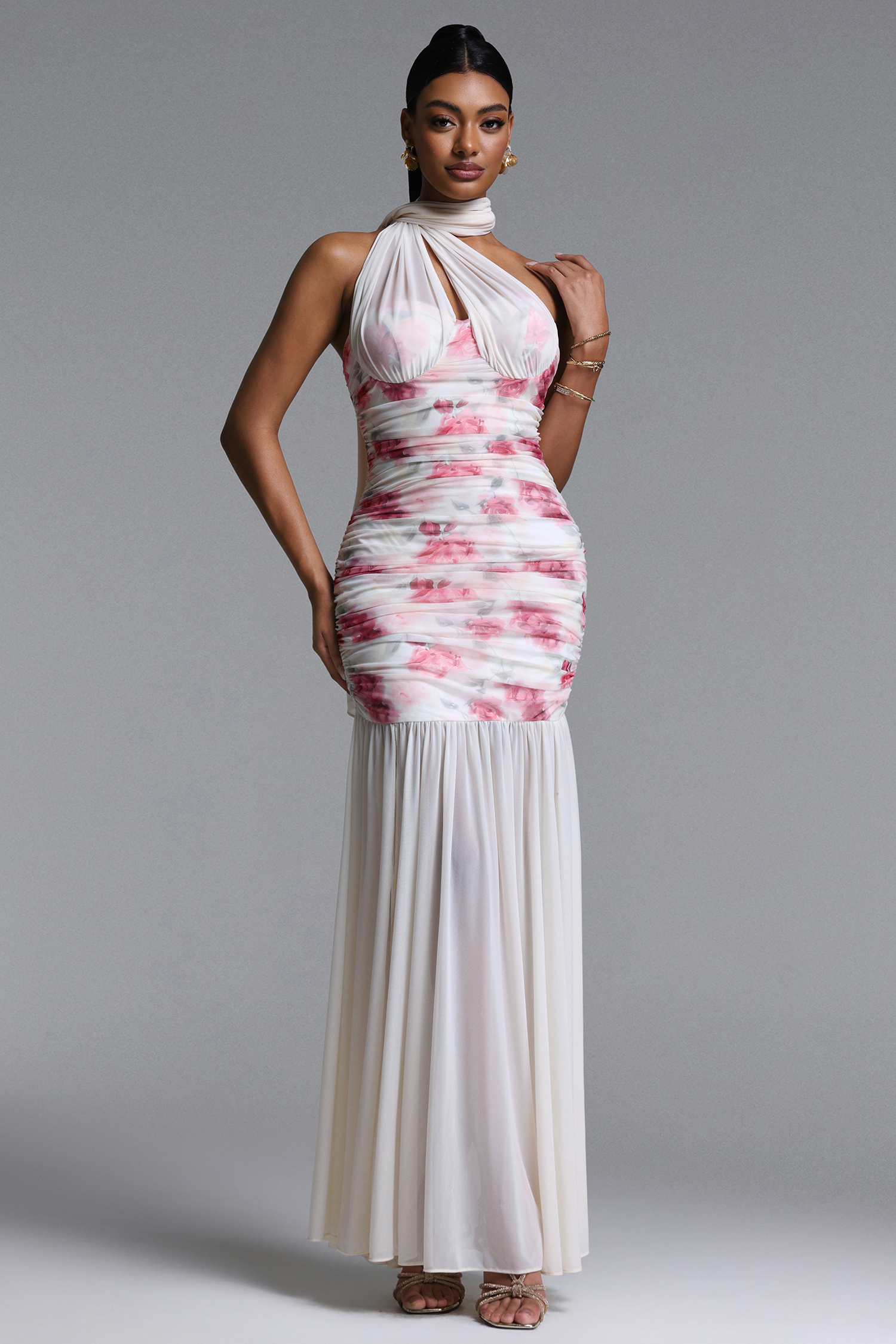 Margarete Romantic Contour Halter Ruched Floral Print Mesh Maxi Dress