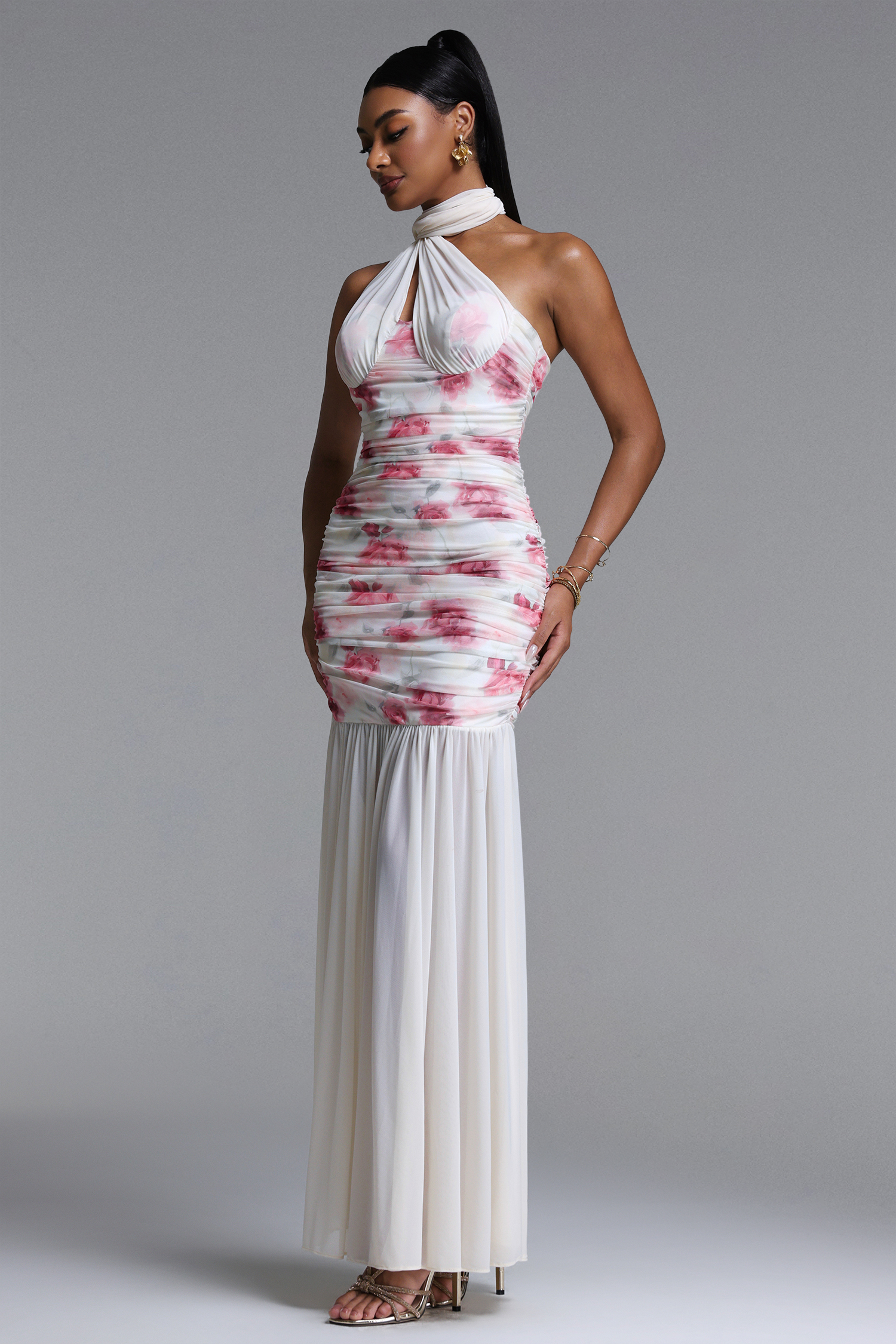 Margarete Romantic Contour Halter Ruched Floral Print Mesh Maxi Dress