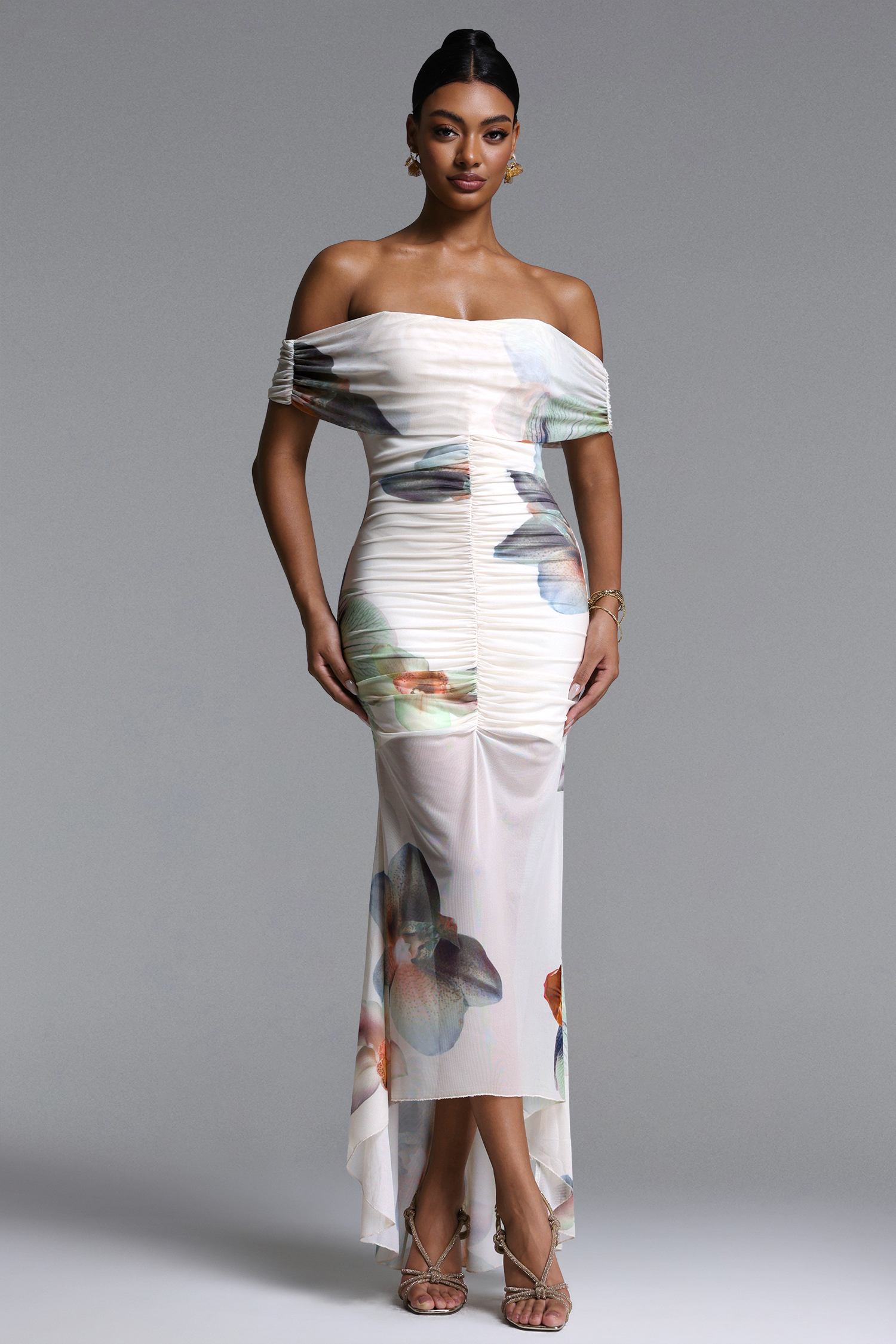 Edmee Elegant Contour Off Shoulder Floral Print Maxi Dress