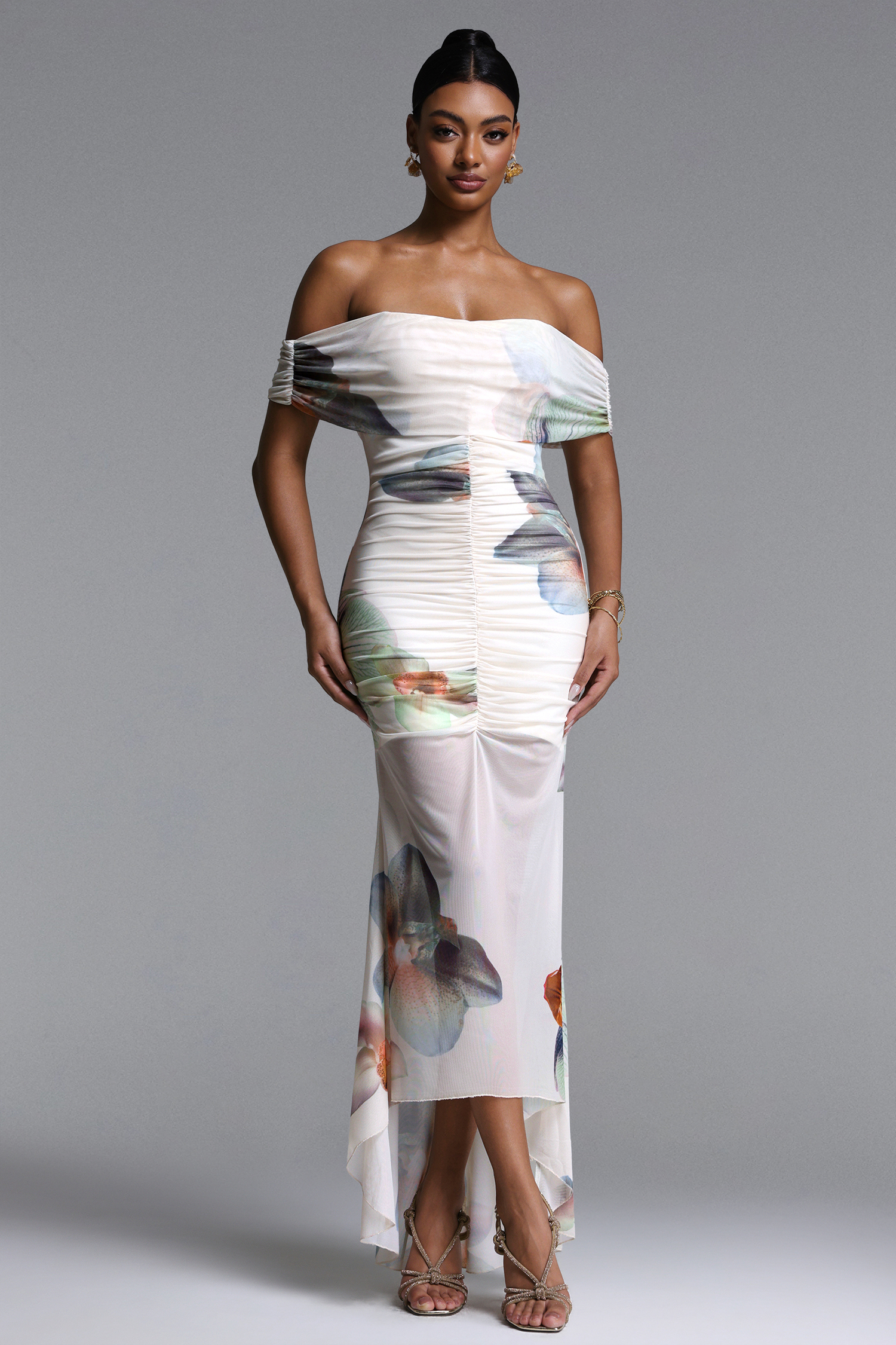 Edmee Elegant Contour Off Shoulder Floral Print Maxi Dress